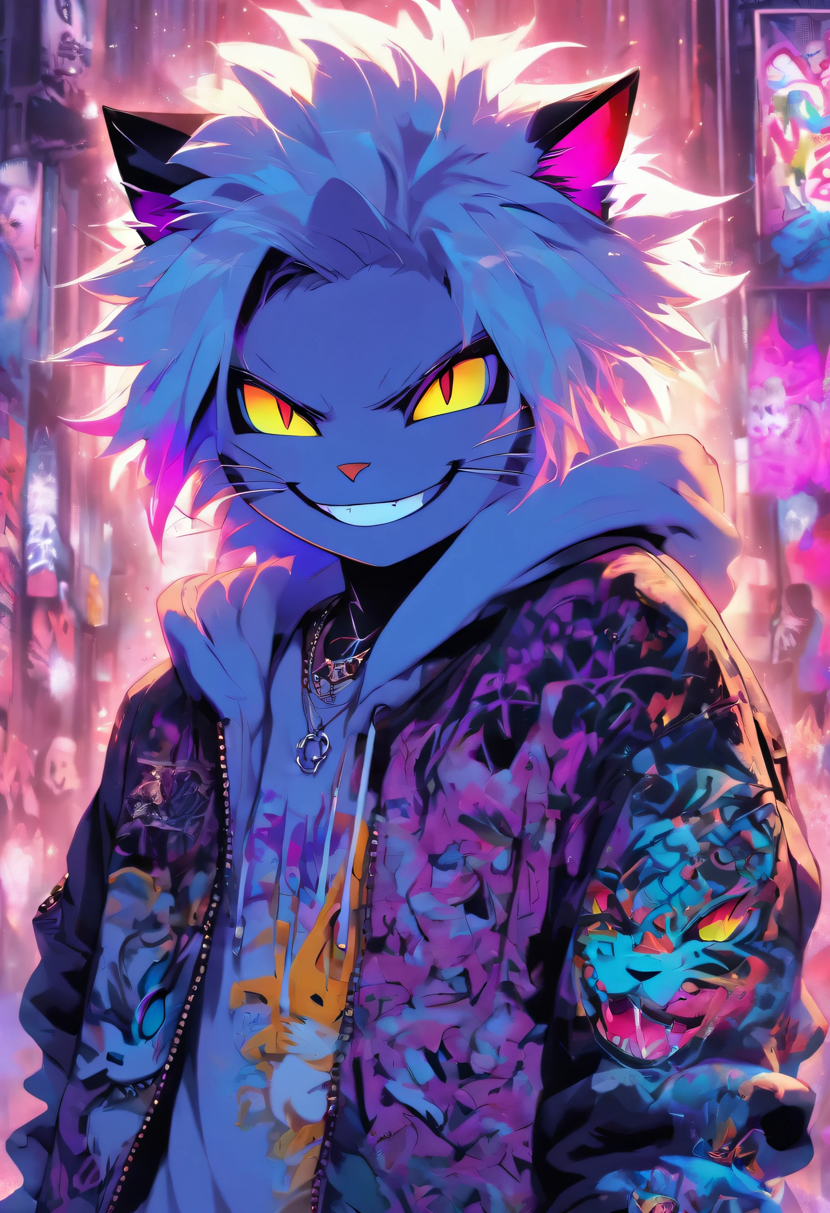 A cool and trendy smiling cat, white hair, purple eyes, wearing trendy hip hop clothing, wearing a hoodie, graphic t-shirt and torn jeans, tons of tattoos and piercings, graffiti style background, highly detailed background, perfect masterpiece, high quality, high resolution