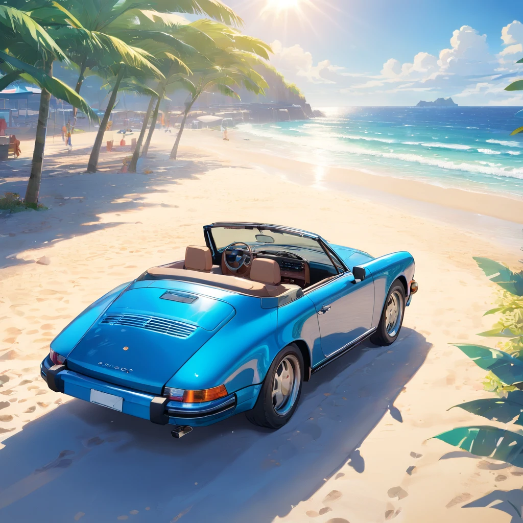 A 2022 porsche convertible on the beach,Palmeiras,ondas cristalinas do oceano,Praia de areia branca, vibrant blue sky, Shimmering sunlight on the shiny surface of the car, Shimmering water droplets on the body of the car, Model with sunglasses and windblown hair, cores vibrantes, high resolution, Photorealistic rendering, dynamic compositing, atmosfera convidativa, Beach chairs and umbrellas, pessoas curtindo a praia, Brisa do mar refrescante, laid-back, luxurious vibes