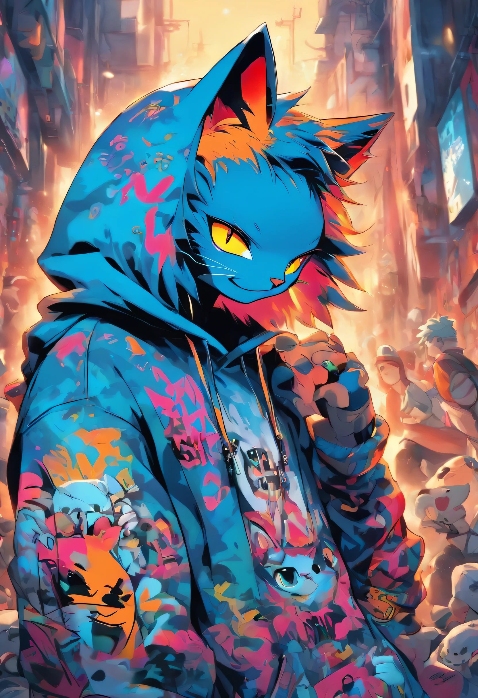 A cool and trendy smiling cat, white hair, blue eyes, wearing trendy hip hop clothing, wearing a hoodie, graphic t-shirt and torn jeans, tons of tattoos and piercings, graffiti style background, highly detailed background, perfect masterpiece, high quality, high resolution