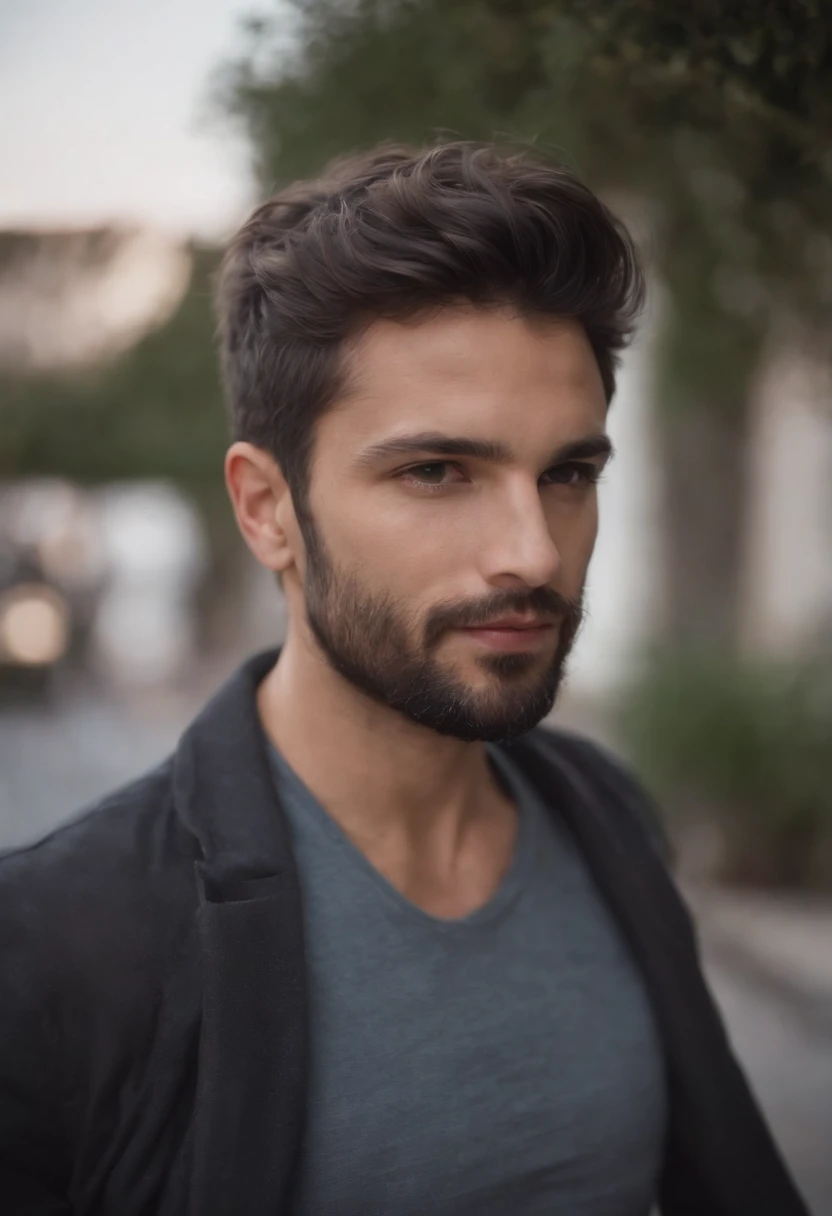 homem meia idade, cabelos curto preto, olhando pro horizonte, NOT BEARD, 25 age