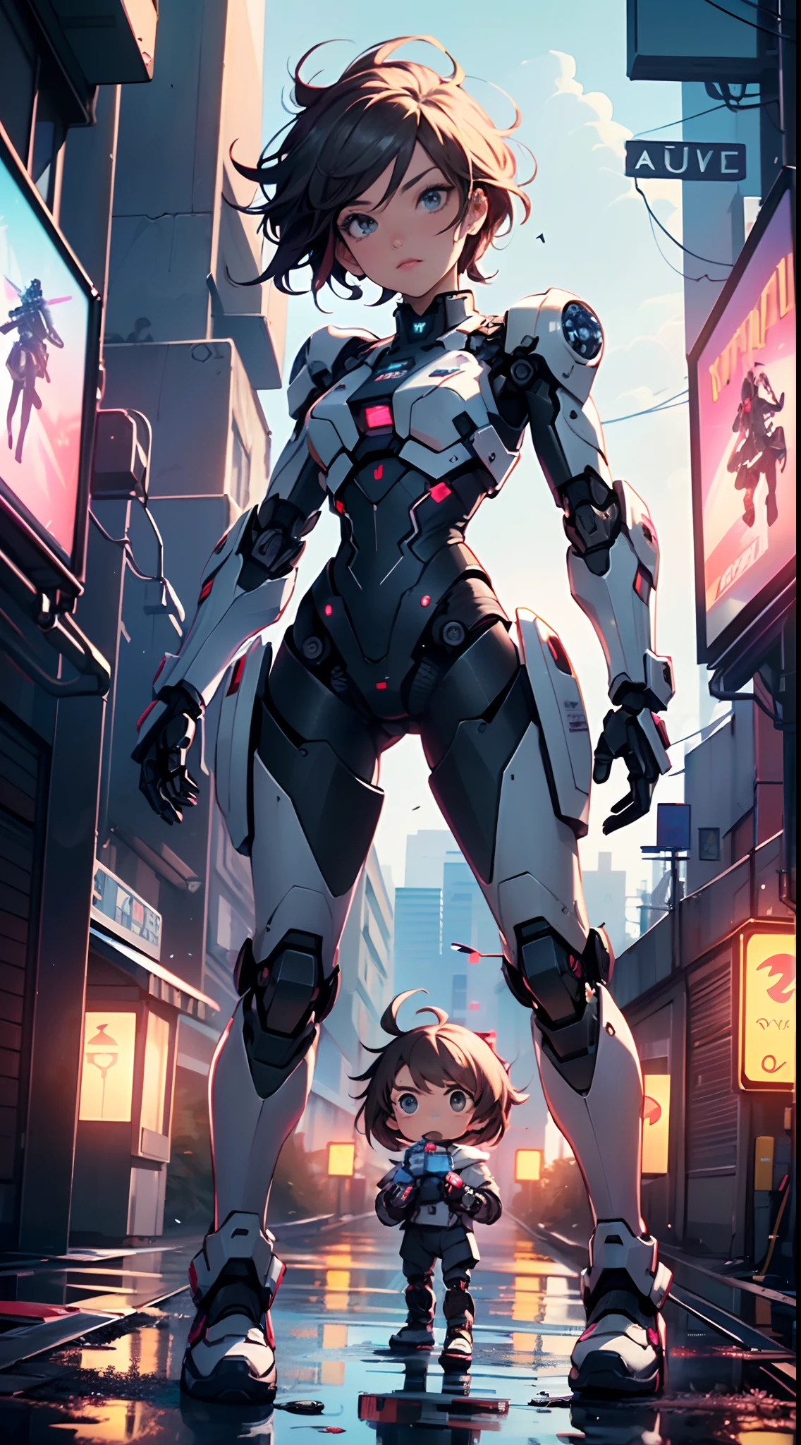 (((TV robot with mechanical arms and legs))),
(((tiny little robot chibi))) with ((((TV head)))). He has (((shaped like a cube with mechanical arms and legs))),and a (((screen on his face))) that displays emoticons and coded messages,Strange head, black tv head,detailed TV head,intricate robot,
(((Object_head,televison_head))),
(dynamic pose:1.0),solo focus,(centered,scale to fit dimensions,Rule of thirds),
cyberpunk city by the ocean at night, with bright neon signs and dark stormy clouds and puddles, scenery:1.25,
artistic photography,(photography taken by sldr),highres, sharp focus, (ultra detailed, extremely detailed), (photorealistic artwork:1.37),(extremely detailed CG unity 8k wallpaper),((synthwave background theme)),(((vibrant colors))),(intricate background),(masterpiece),(best quality)