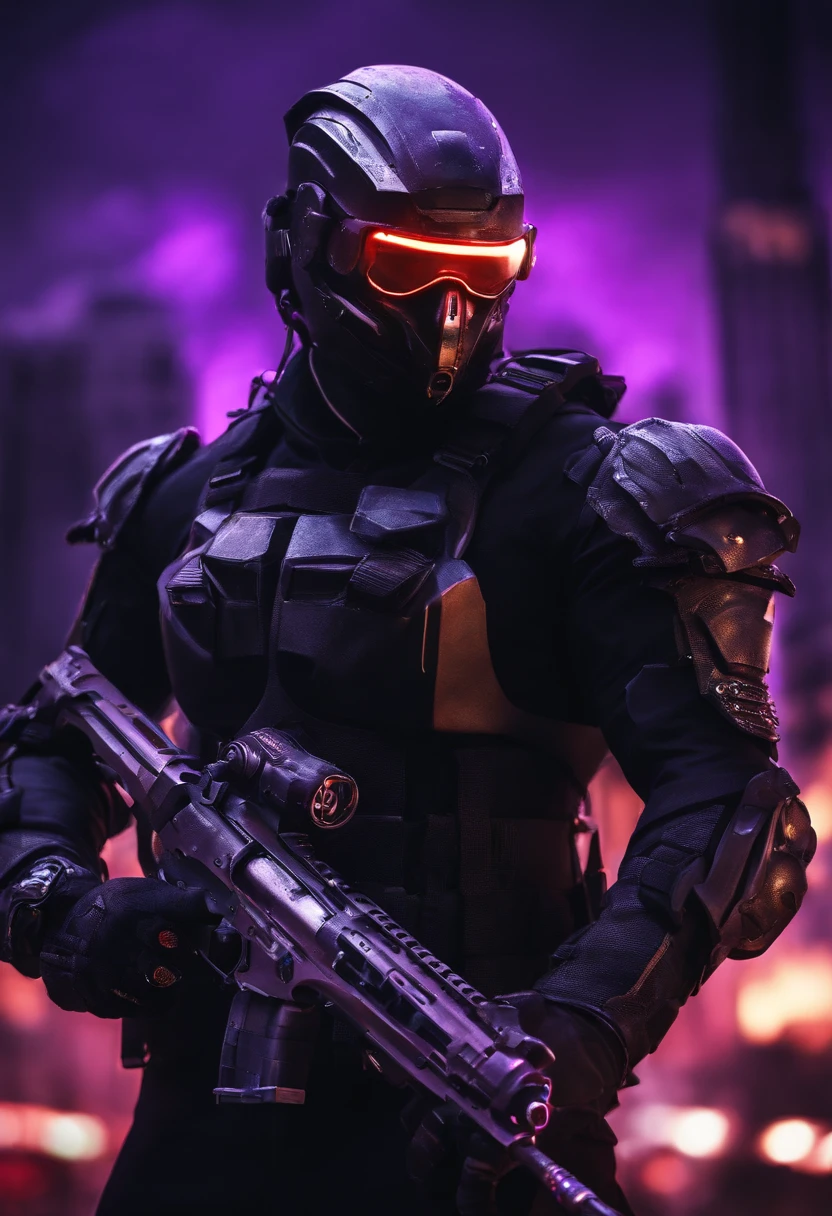 cyberpunked male people Half body machine cyborgs Full Metal Mask Near Future Ninja Awesome assassin purple tone Knife in left hand Lonely heights Killing Machine masutepiece Super beautiful、3-point live method、Oil Painting、Best Quality、hight resolution、foco nítido、The wind is thundering