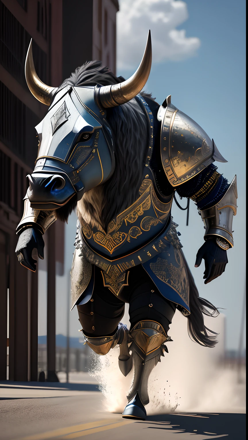 Animalrizz   ((gaur)) 10, masterpiece, highres, Absurd,photorealistic portrait, Parley_armature, Bull in Armor ,Wear Parley_armature, Massive futuristic armor, running, move, Rocket propulsion,((from the side))