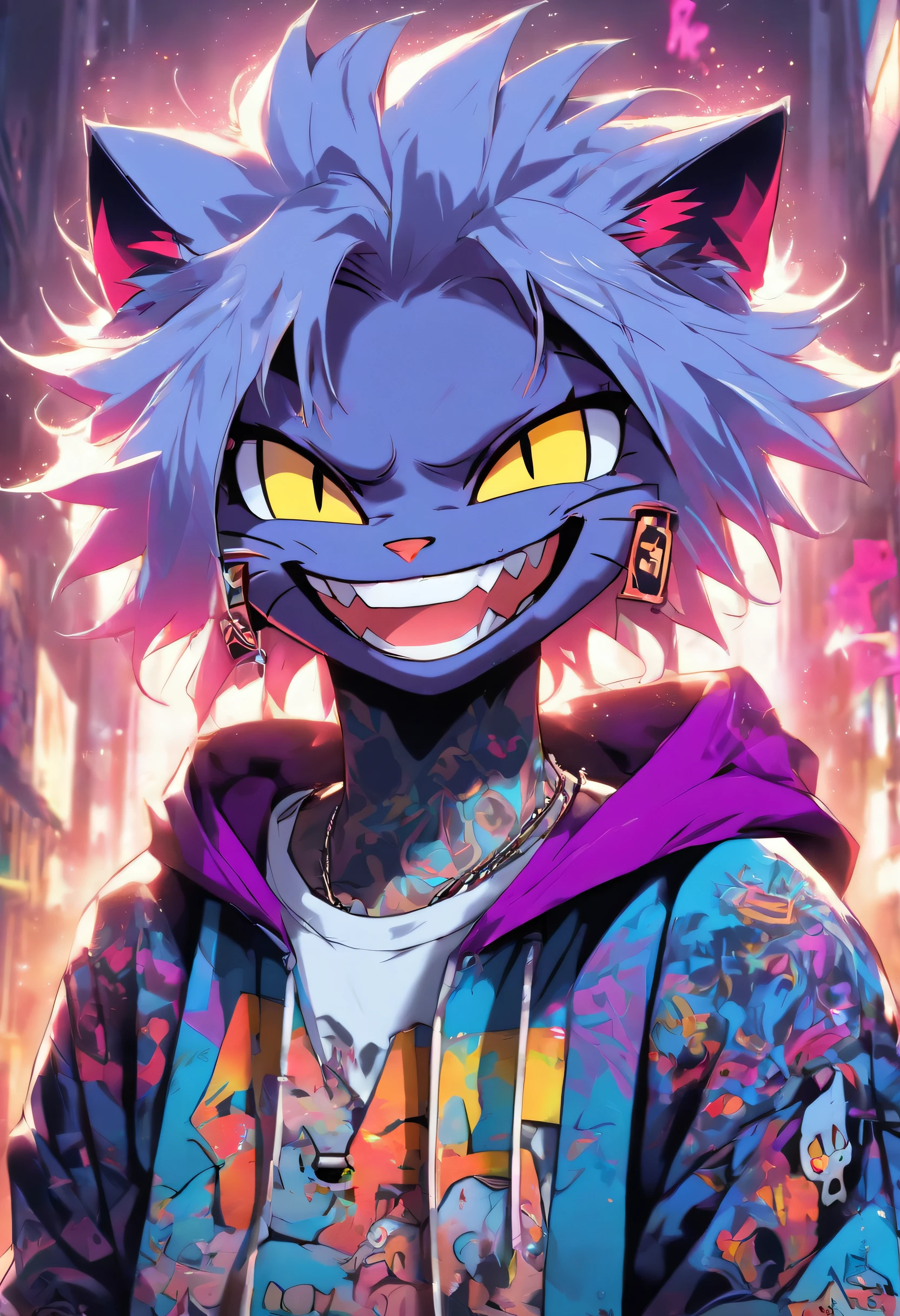 A cool and trendy smiling cat, white hair, purple eyes, wearing trendy hip hop clothing, wearing a hoodie, graphic t-shirt and torn jeans, tons of tattoos and piercings, graffiti style background, highly detailed background, perfect masterpiece, high quality, high resolution