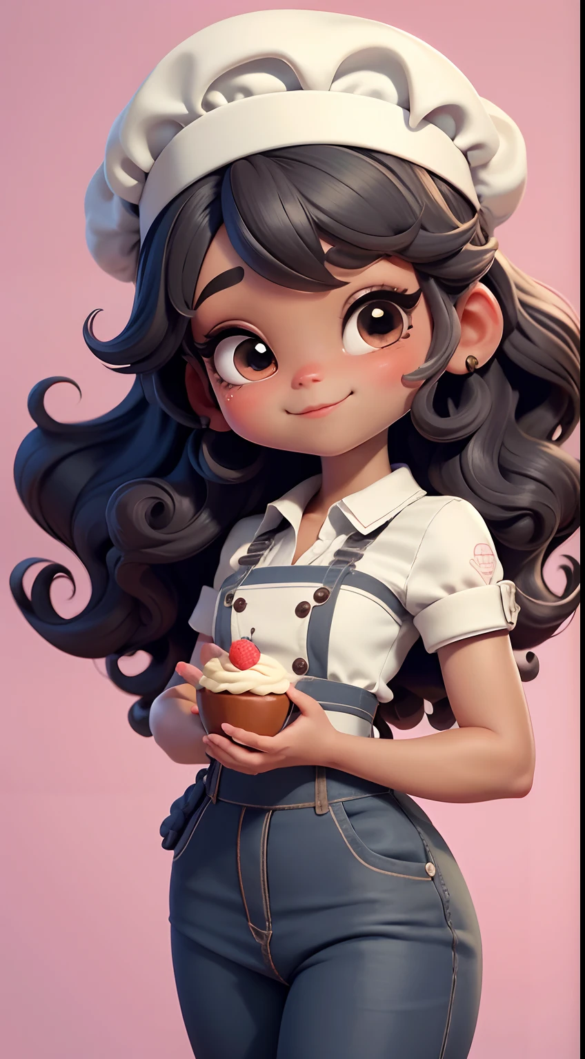 Create a series of cute baby chibi style afro dolls with a cute pastry chef theme, each with lots of detail and in an 8K resolution. All dolls should follow the same solid background pattern and be complete in the image, mostrando o (corpo inteiro, incluindo as pernas: 1.5)

Boneca Mini Chef: Chame-a de Marina. Ela deve ter cabelo pequeno em tom preto marrom. Seus olhos devem ser grandes e expressivos, with long eyelashes and rosy cheeks. Sorriso delicado e branco. Sophie deve estar vestida com uma jaqueta de chef, striped pants and an ornate chef's hat. She must hold a chocolate brigadier in her hands. Certifique-se de adicionar detalhes nas roupas, such as buttons and pockets, sapato bonito

Certifique-se de adicionar sombras, texturas e detalhes nos cabelos, roupas, confectionery utensils, to make them even more adorable and charming.