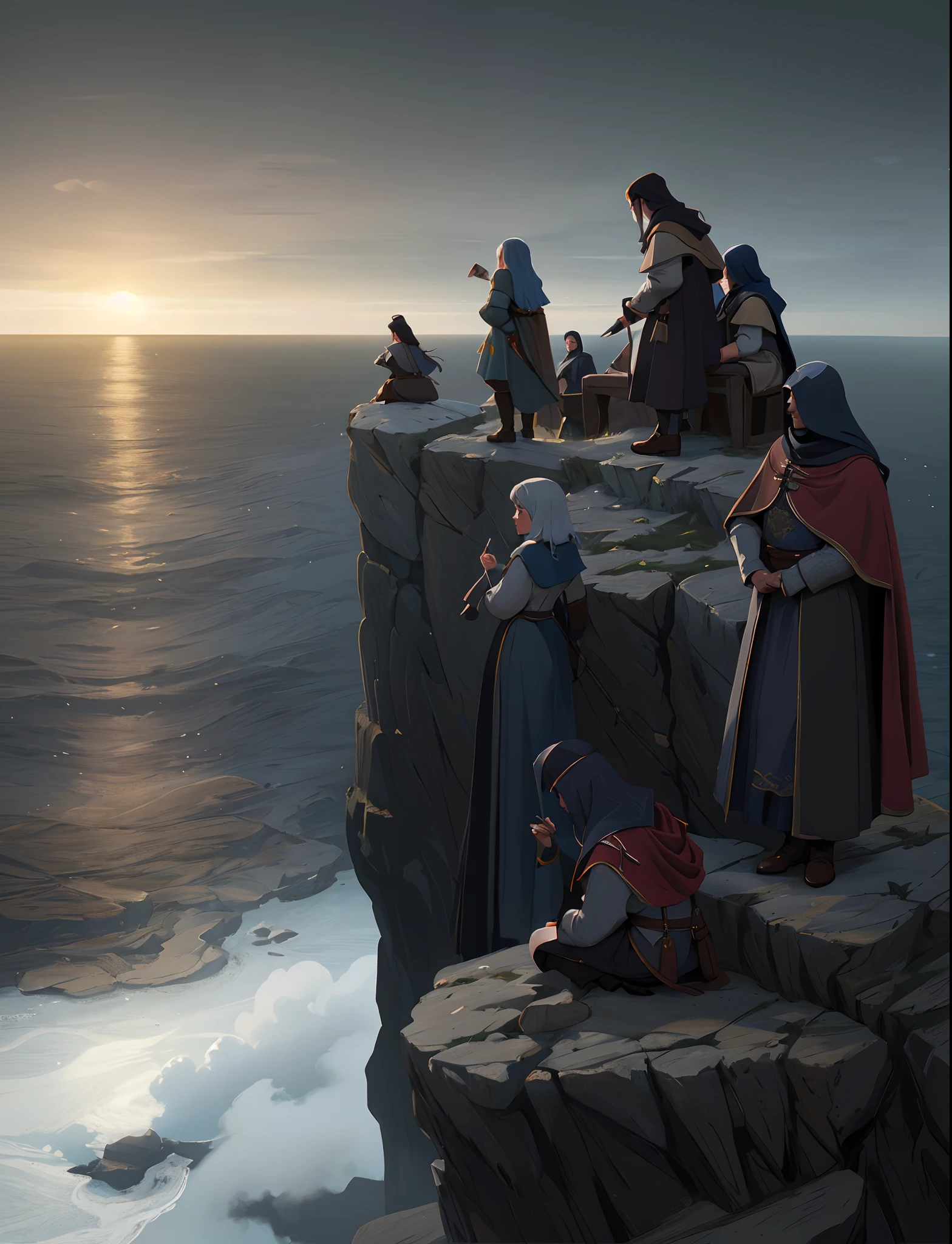There are many people dressed in medieval clothes sitting on a cliff, inspirado em Jakub Schikaneder, Alexey Egorov, realistic fantasy rendering, Cliffside, Yuri Shwedoff e Tom Bagshaw, Sylvain Sarrail e Igor Morski, Tinta escura de alta fantasia, arte do jogo pintura fosca, pintura fosca altamente detalhada, 3D render e pintura fosca