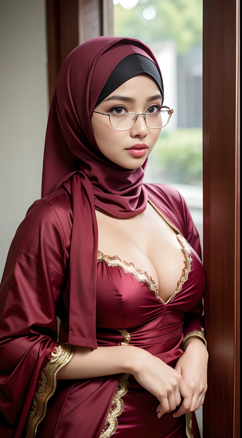 naughty, (iu:0.8),cleavage, RAW, Best quality, high resolution, Masterpiece: 1.3, Beautiful glasses pearl_skinned sexy hijabi javanese dressed as naughty_librarian, Masterpiece, Soft smile