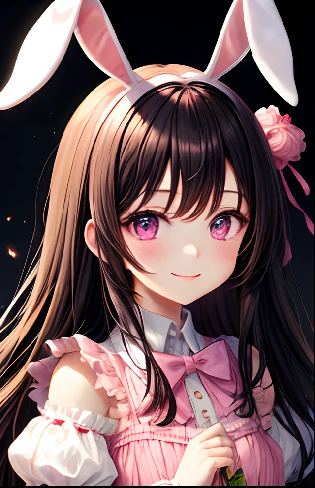 girl with、No background、without background、Background through、A dark-haired、Long black hair、length hair、Pink ash、Pink eyes、Pink eyes、bunnygirl、Rabbit ears、bow ribbon、frilld、A smile、kawaii、