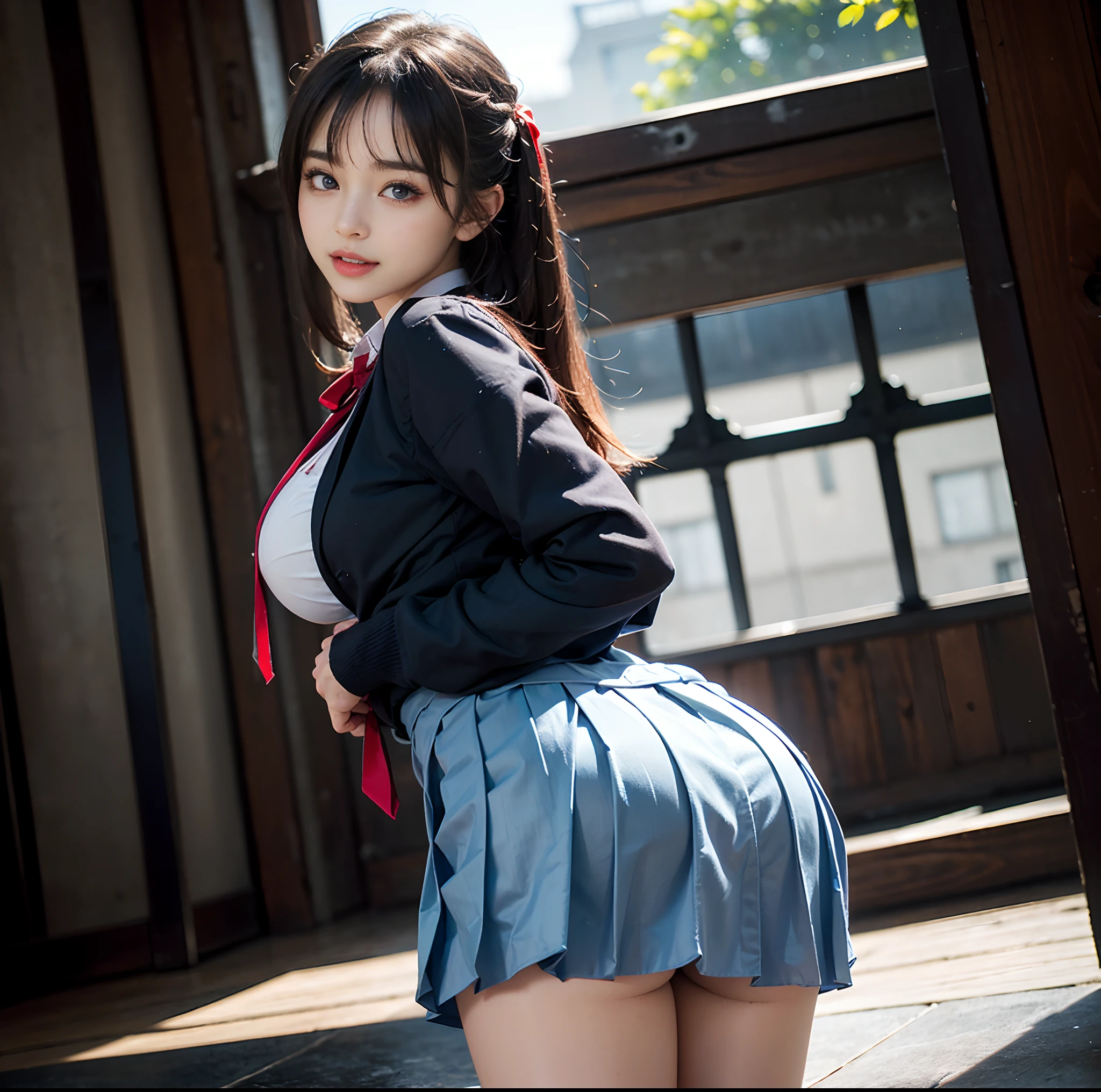 top-quality, masterpiece, (Professional lighting without shadows), A hyper-realistic, Bewitching, perfect anatomia, Two girls, (Proudly stand in front of the camera、Girl showing off ribbon tie, Another girl on the other side, Bend over and stick your butt out towards the camera), ( Huge breasts:1.2), (Bright and even whitening skin without wrinkles and steps), (Bright beautiful blue eyes with long eyelashes and red tear bags reflected light:1.2)、 (Braided half-up hair with bangs), (Although her costume is a schoolgirl uniform、She dresses up super mini pleated skirt length very short:1.3), (Proudly showing off a crimson ribbon tie from the front:1.2), (Another girl on the other side、To beautifully emphasize the proud ultra mini pleated skirt、Showing off a pose with the buttocks exposed from directly behind:1.2), (Beautiful face squinting in dazzling light:1.2), ssmile,
