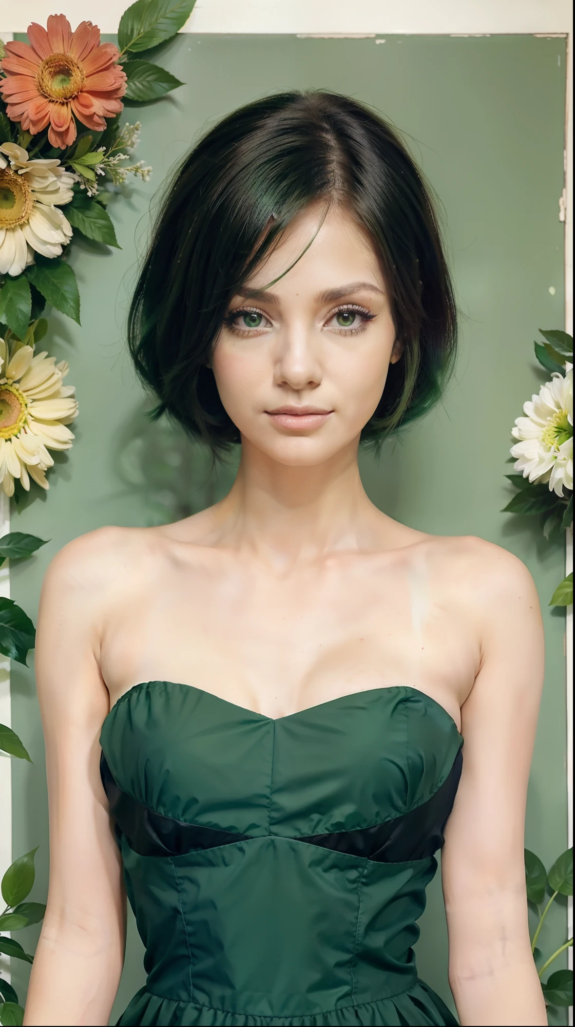 Verde, olho verdes , garota de olhos verdes, bosque, floresta e flores, Lilac Green, flores, cabelo curto, cabelo preto