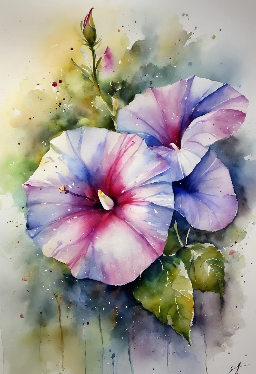 Morning glory painting with splatter background and spray paint effect, by Eugeniusz Zak, Watercolor art, by Károly Lotz, Watercolor painting, watercolor painting style, watercolor detailed art, by Reuben Tam, watercolor digital painting, watercolor paiting, Superbly detailed watercolor, Watercolor art, Grzegorz Rutkowski、Bright lighting、White background