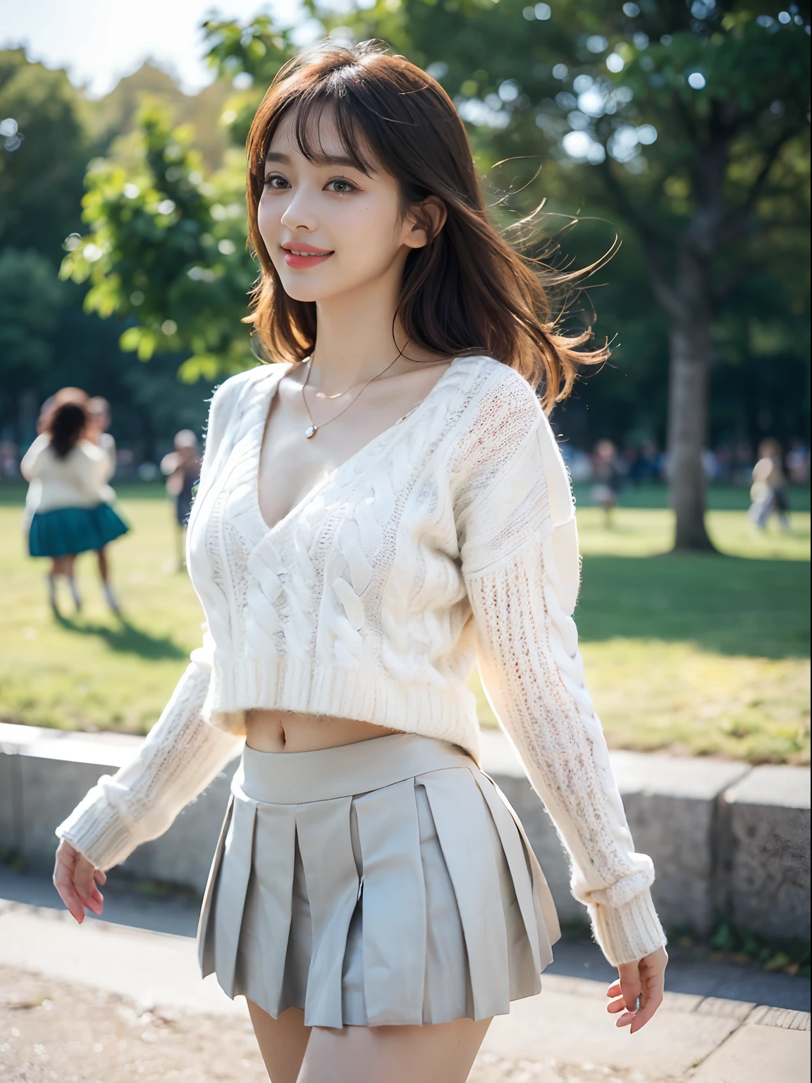 ((((top-quality))))、(((Ultra Precision CG16K Wallpapers)))、(((​masterpiece)))、(((ultra-detailliert)))、(((Ultra-extreme details)))、One woman、a matural female、24-year-old woman、((Japanese face))、((extremely beautiful face))、((assist々Kiki:1.8))、((Semi-long cut:1.2))、(curly hair)、Bangs up to the eyebrows、Beautiful brown hair、Beautiful delicate eyes、Brown eyes、lofty nose、small nostrils、seductive lips、slightly open mouth、Beautiful breasts、C-cup size breasts、cleavage of the breast、Plump body、perfectly proportions、perfect anatomia、Beautiful and detailed shading、Beautiful natural lighting、Beautiful detail glow、depth of fields、(((a high chroma)))、((realisitic:1.9))、((Vivid：1.4))、((Beautiful skin))、((Skin texture))、perfect-composition、((longshot))、((Angle seen from the side))、((a smile:1.2))、(Staring eyes)、Bright sunshine、((Walking in the park:1.5))、(Background blur)、((Cheergirl Sweater:1.5))、((White pleated mini skirt:1.5))、(Silver Necklace)、