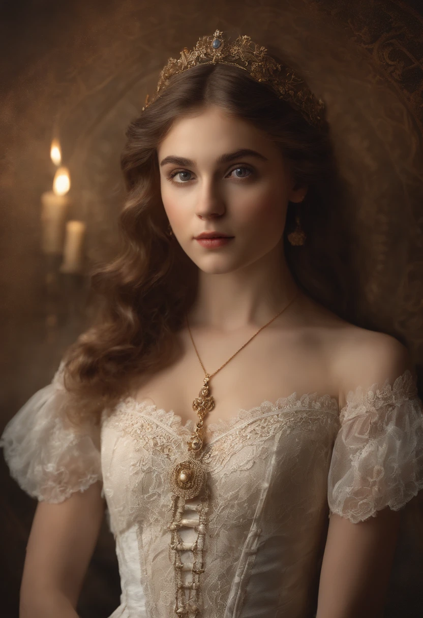 À la Fed image of a girl in a white lace dress and Leonardo da Vinci notes background, stunning young ethereal figure, portrait of a magical girl, portrait of a young witch girl, girl in steampunk clothes, musician girl in lace clothes, Natalia Dyer, Daphne Keen, portrait of a young witch, a girl with magical powers, inspired by Irakli Nadar, Inspired by William Mustoster Lockhart, top quality, detail, detail, masterpiece, high image quality