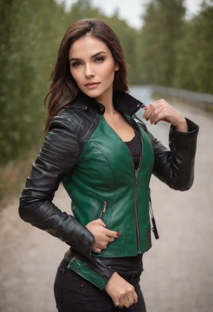 green leather jacket with black sleeves, body hugging back, bikers jacket, green back side, black hood, zipper on the sleeves, black belt in the waist