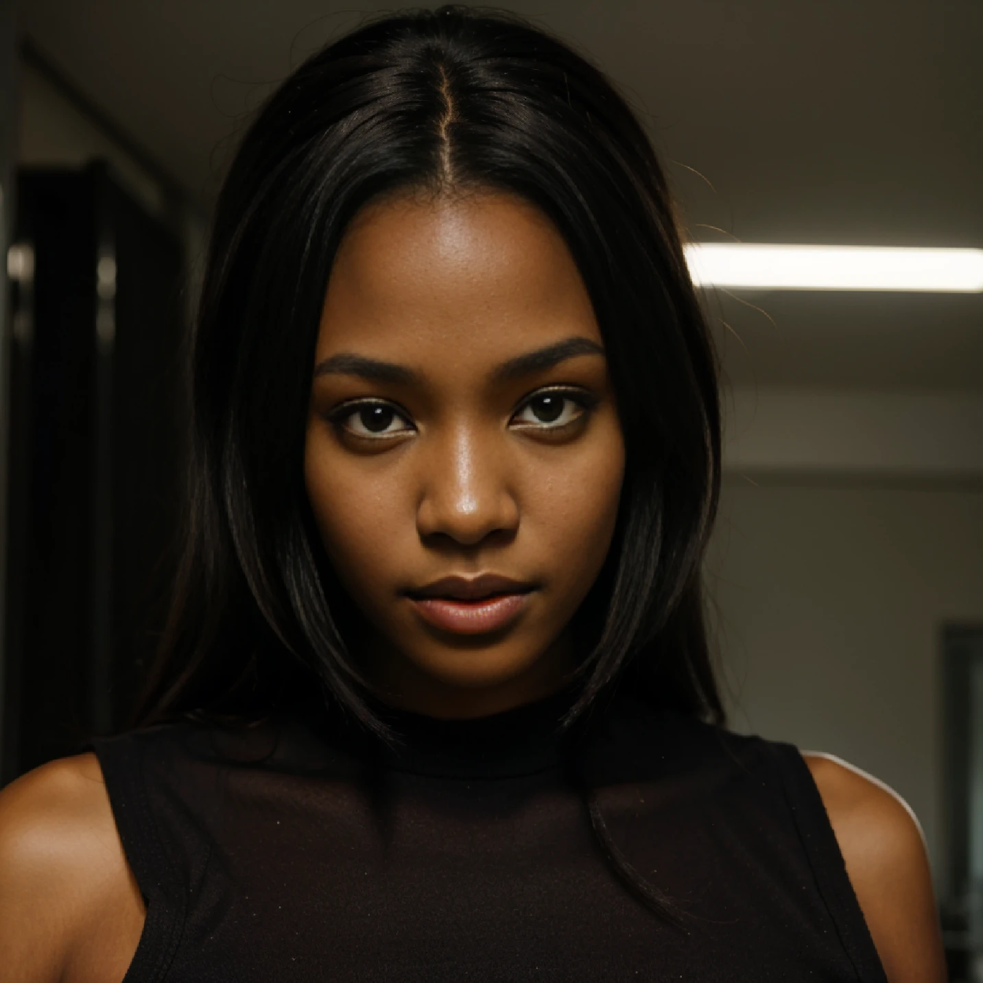 Black Georgous Girl Looking At Camera With Brown Eyes