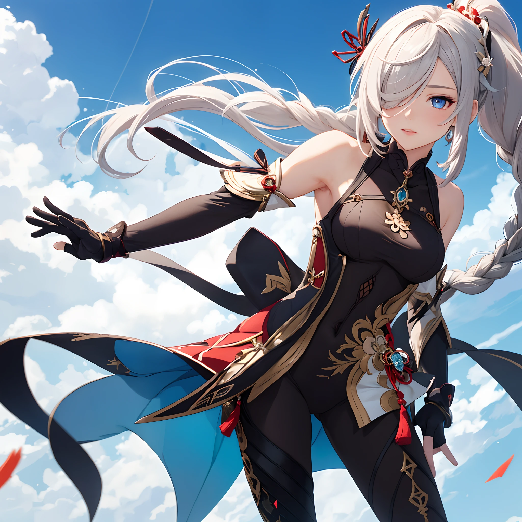 ,shenhe \(genshin impact\), long hair, hair over one eye, bodysuit, gloves, blue eyes, partially fingerless gloves, tassel, braided ponytail, hip vent, hair ornament, holding, black bodysuit