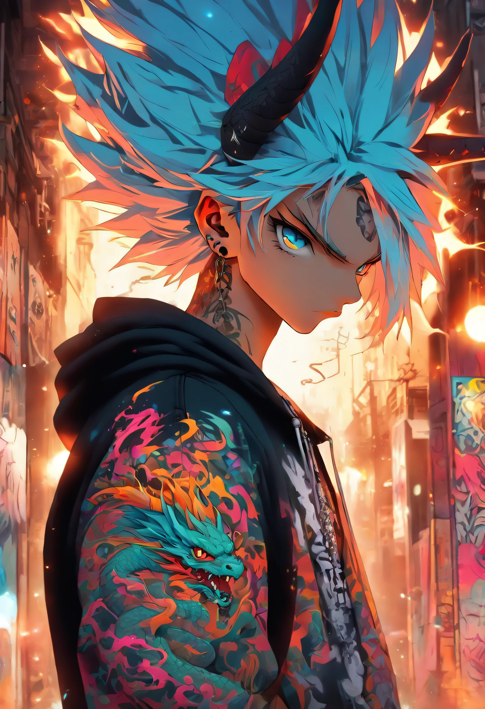 A cool and trendy dragon, white hair, blue eyes, wearing trendy hip hop clothing, wearing a hoodie, graphic t-shirt and torn jeans, tons of tattoos and piercings, graffiti style background, highly detailed background, perfect masterpiece, high quality, high resolution