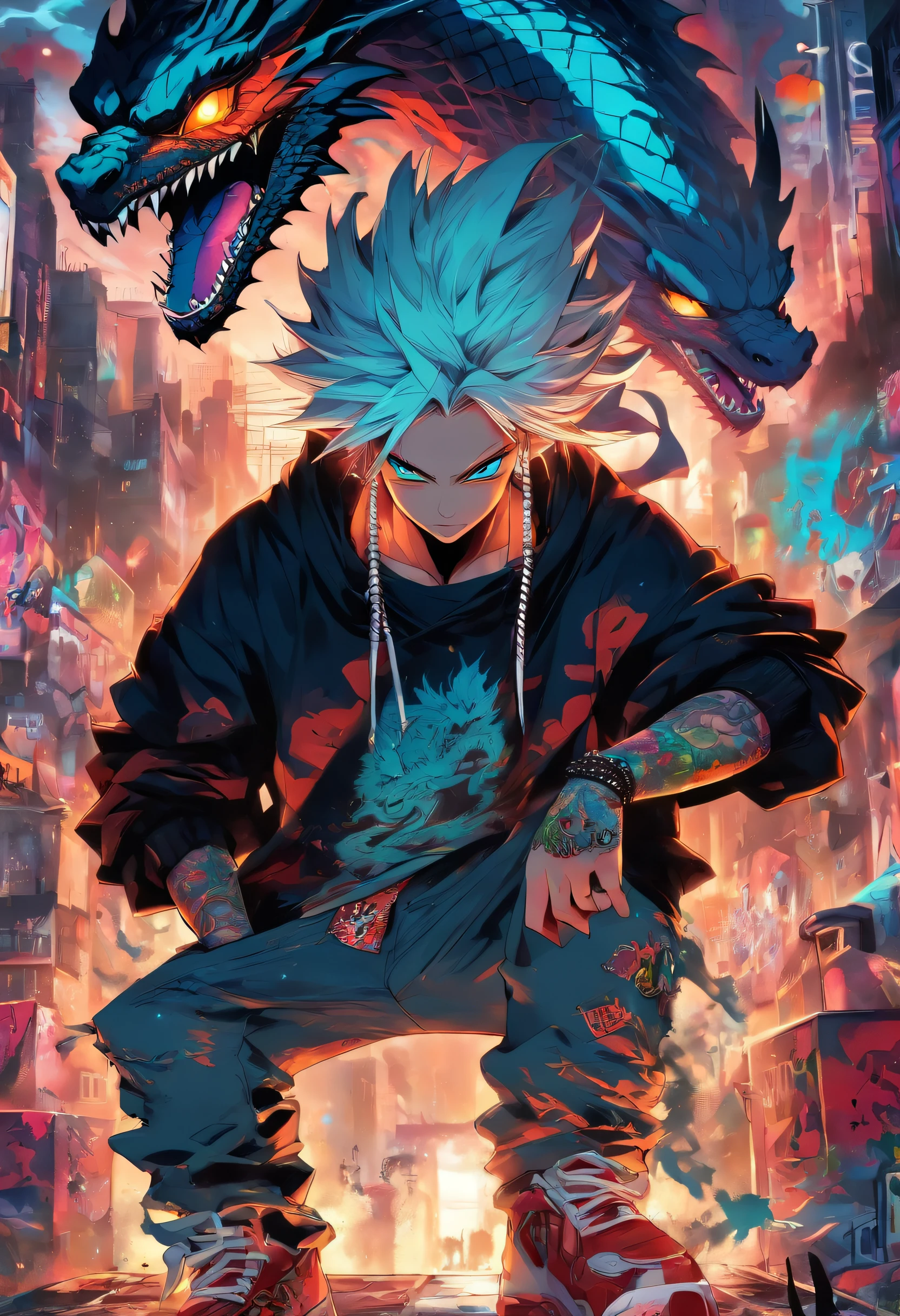 A cool and trendy dragon, white hair, blue eyes, wearing trendy hip hop clothing, wearing a hoodie, graphic t-shirt and torn jeans, tons of tattoos and piercings, graffiti style background, highly detailed background, perfect masterpiece, high quality, high resolution