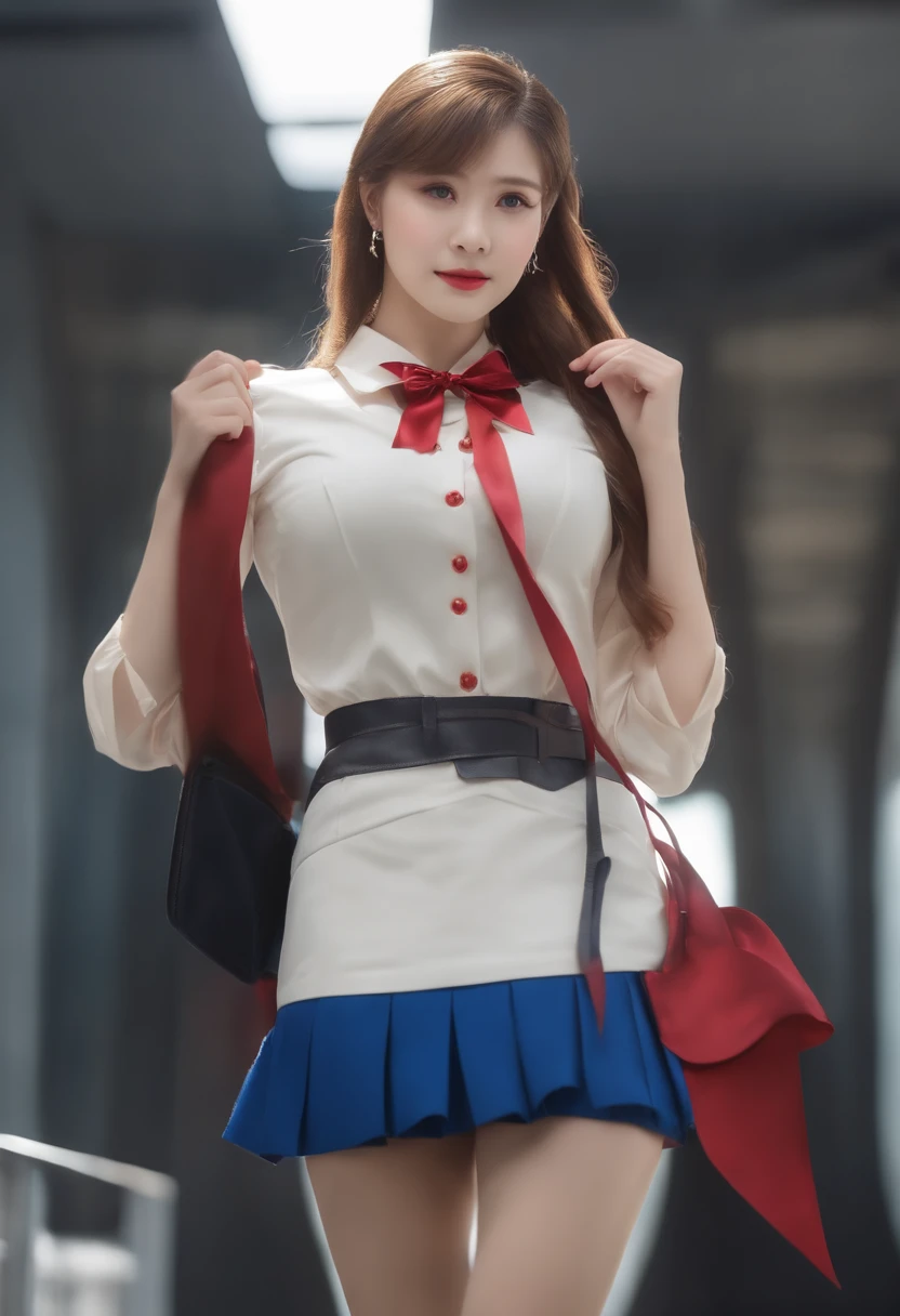 top-quality, masterpiece, (Professional lighting without shadows), A hyper-realistic, Bewitching, perfect anatomia, Two girls, (Proudly stand in front of the camera、Girl showing off ribbon tie, Another girl on the other side, Bend over and stick your butt out towards the camera), ( Huge breasts:1.2), (Bright and even whitening skin without wrinkles and steps), (Bright beautiful blue eyes with long eyelashes and red tear bags reflected light:1.2)、 (Braided half-up hair with bangs), (Although her costume is a schoolgirl uniform、She dresses up super mini pleated skirt length very short:1.3), (Proudly showing off a crimson ribbon tie from the front:1.2), (Another girl on the other side、To beautifully emphasize the proud ultra mini pleated skirt、Showing off a pose with the buttocks exposed from directly behind:1.2), (Beautiful face squinting in dazzling light:1.2), ssmile, both have no shirt on, in the bedroom