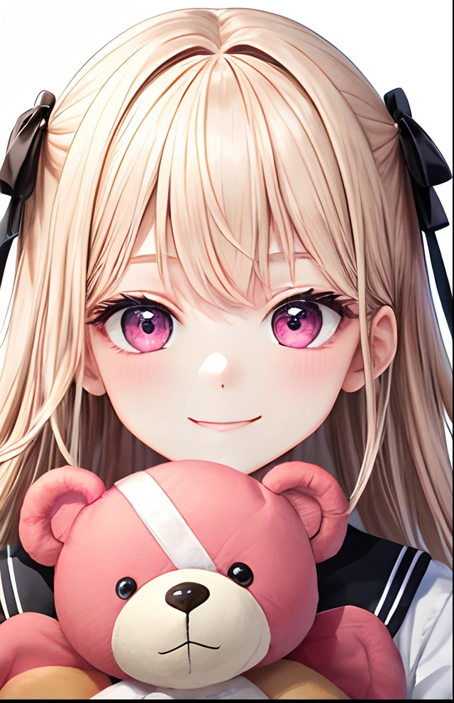 girl with、No background、without background、Background through、White blonde、Pink ash、Pink eyes、Pink eyes、plait、Small double knot、plushies、Stuffed Bear、Holding a stuffed animal、Have a stuffed animal、A smile、kawaii、