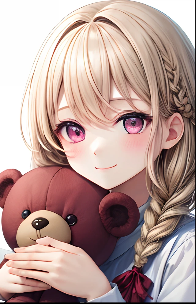 girl with、No background、without background、Background through、White blonde、Pink ash、Pink eyes、Pink eyes、plait、Small double knot、plushies、Stuffed Bear、Holding a stuffed animal、Have a stuffed animal、A smile、kawaii、