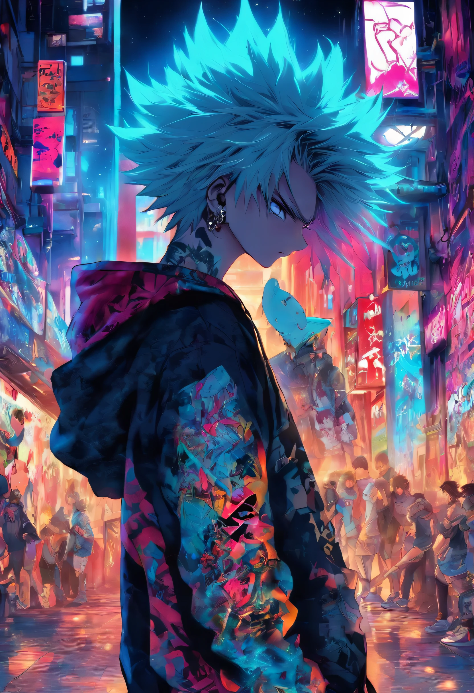 A cool and stylish boy, White hair, Blue eyes, Wear trendy hip-hop outfits, Wearing a hoodie, Graphic T-shirt and ripped jeans, Lots of tattoos and piercings, graffiti style background, highly detailed back ground, Perfect masterpiece, High quality, high resolution