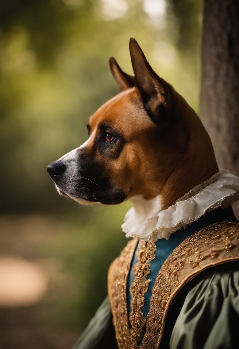 During the Renaissance, There stood a noble figure,Characteristics of dog-headed people. Dress up in the flamboyant attire of the Renaissance aristocracy, The delicate velvet garments and lace ruffles are reminiscent of the style of Hans Holbein. His dog-headed face sparked with wisdom and curiosity。, Has intelligent eyes that sparkle like rare gemstones,45 degree