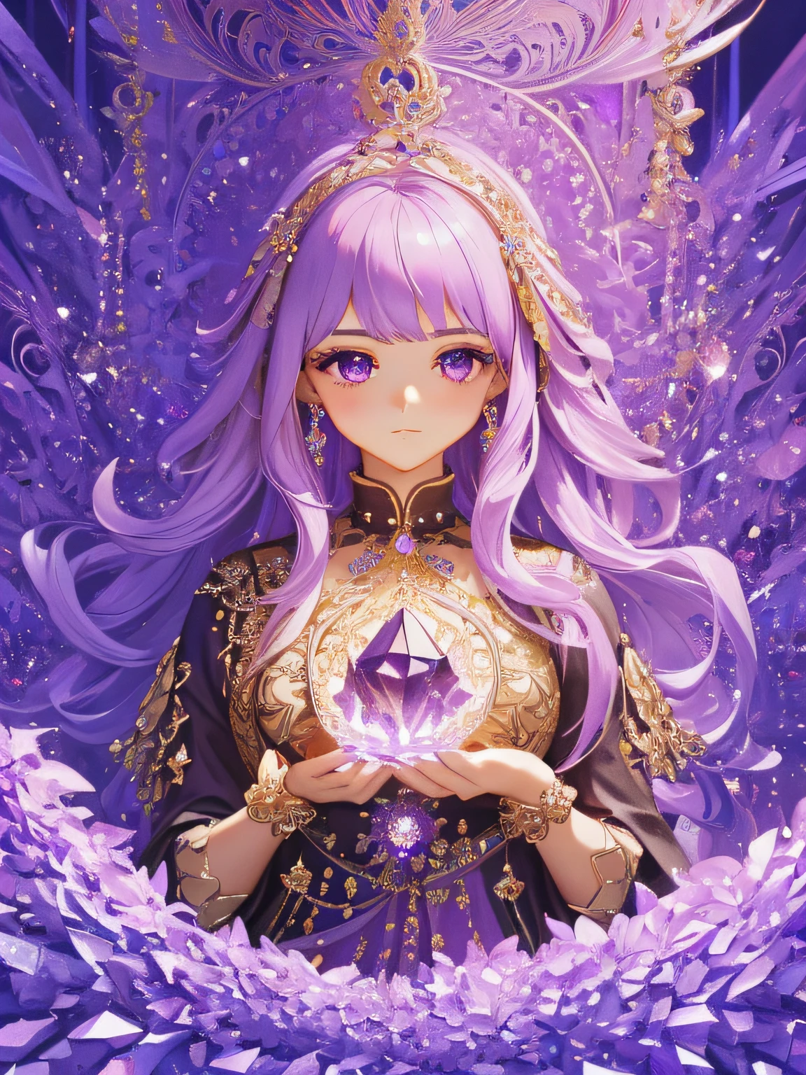 (​masterpiece、top-quality、top-quality、Official art、Beautifully Aesthetic:1.2)、(1girl in:1.3)、(Fractal Art:1.3)、　Studded sequins　Holding an amethyst crystal in both hands　Curled and fluffy perm woman's