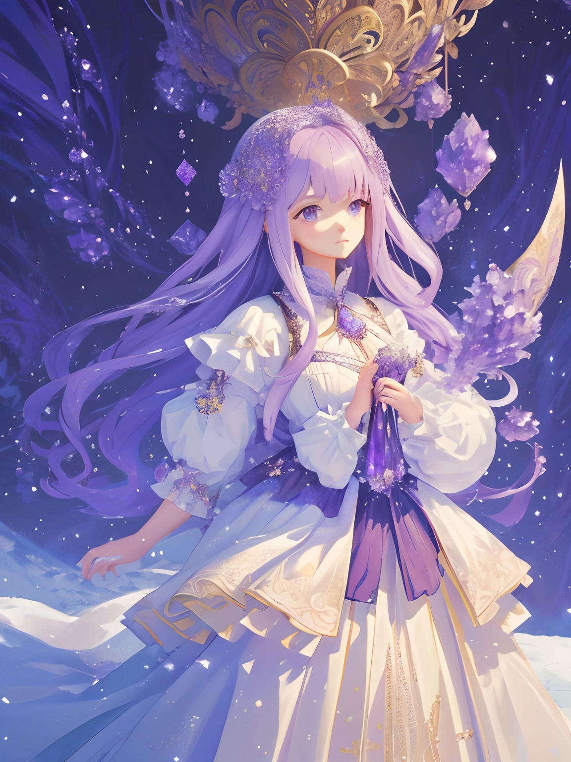 (masterpiece、top-quality、top-quality、Official art、Beautifully Aesthetic:1.2)、(1girl in:1.3)、(Fractal Art:1.3)、 The scenery looks like a scene from a movie where snow falls Studded sequins Holding an amethyst crystal in both hands Curled and fluffy perm girls