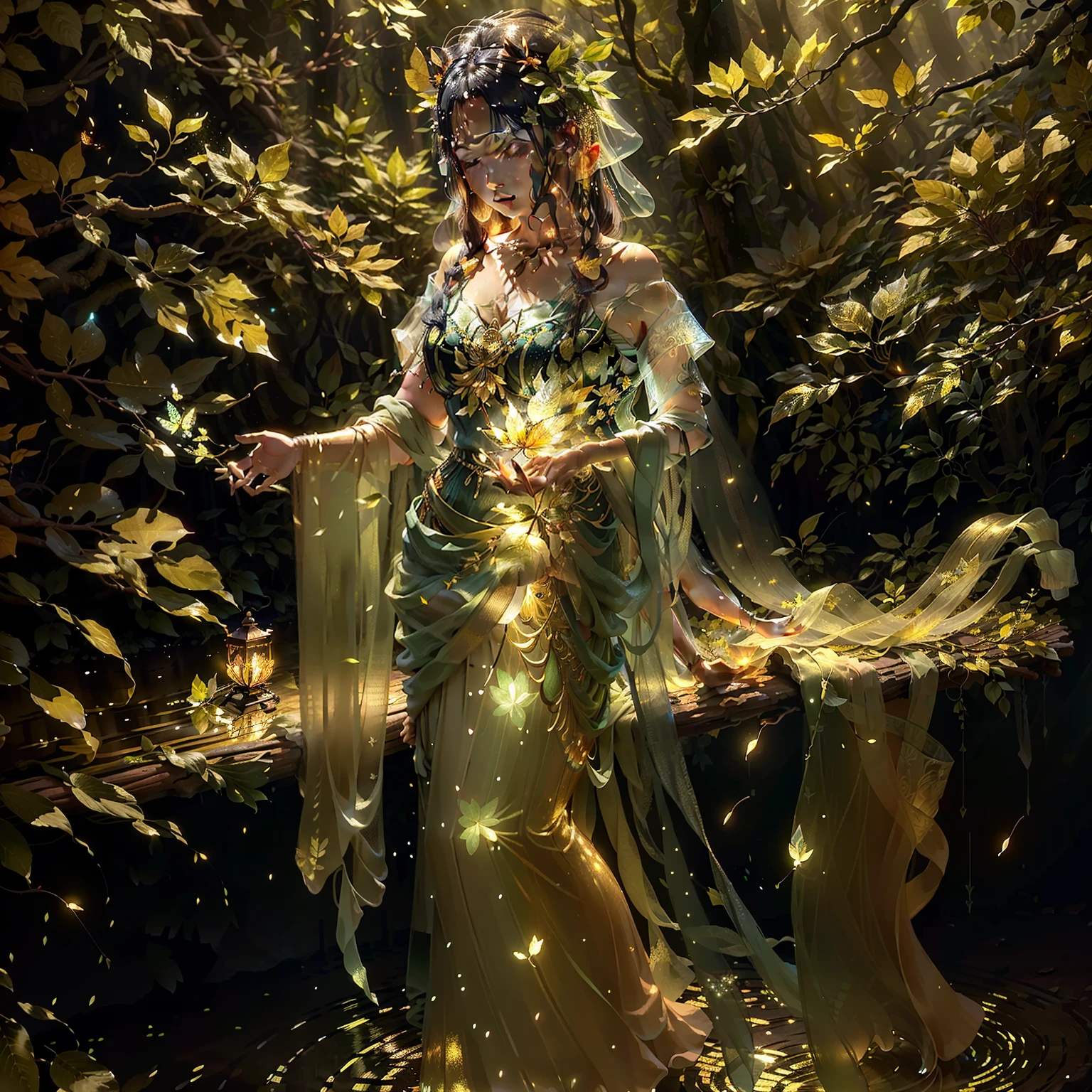Masterpiece, best quality, extremely beautiful reflection, best reflection. (Very detailed CG unity 8k wallpaper), (best quality), (best illustration), (best shadow), forest theme with natural elements. Tall trees, quiet stream, glowing little mushrooms, surrounded by delicate leaves and branches, as well as fireflies and glowing particle effects, maide, standing, water, (natural elements), (jungle theme), (leaves), (branches), (fireflies), butterflies, (delicate leaves), (glow), (particle effects). , isometric 3D, Octane rendering, ray tracing, super detailed,