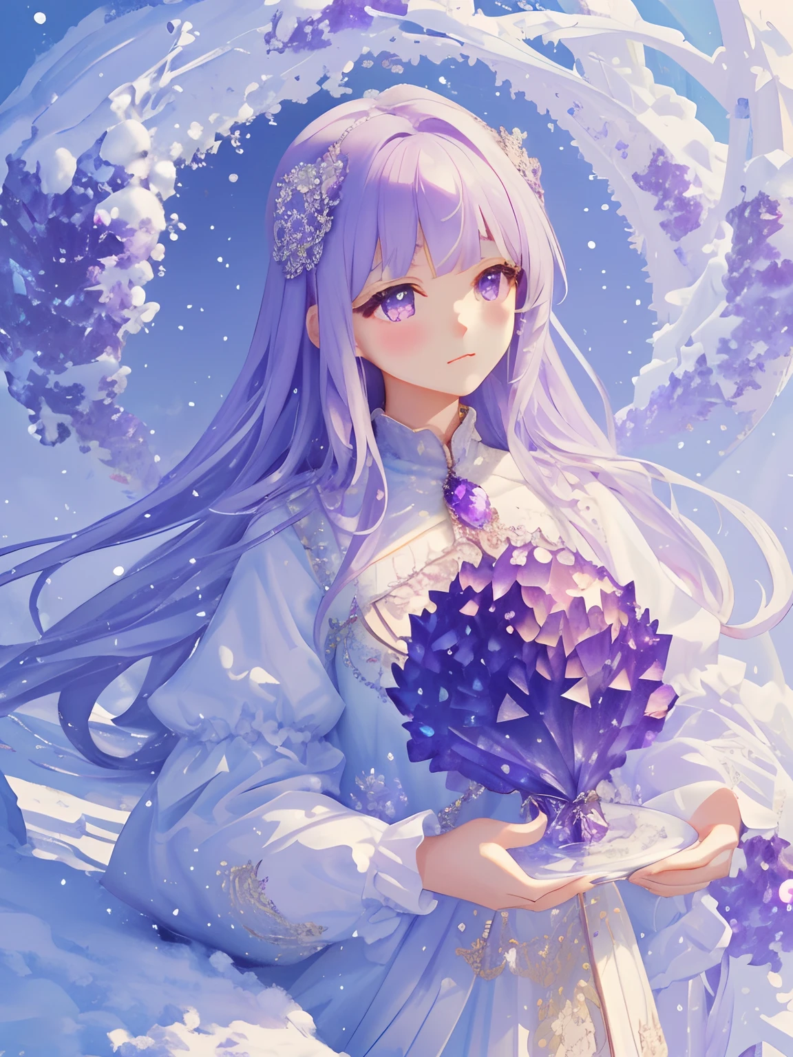 (masterpiece、top-quality、top-quality、Official art、Beautifully Aesthetic:1.2)、(1girl in:1.3)、(Fractal Art:1.3)、 The scenery looks like a scene from a movie where snow falls Studded sequins Holding an amethyst crystal in both hands Curled and fluffy perm girls