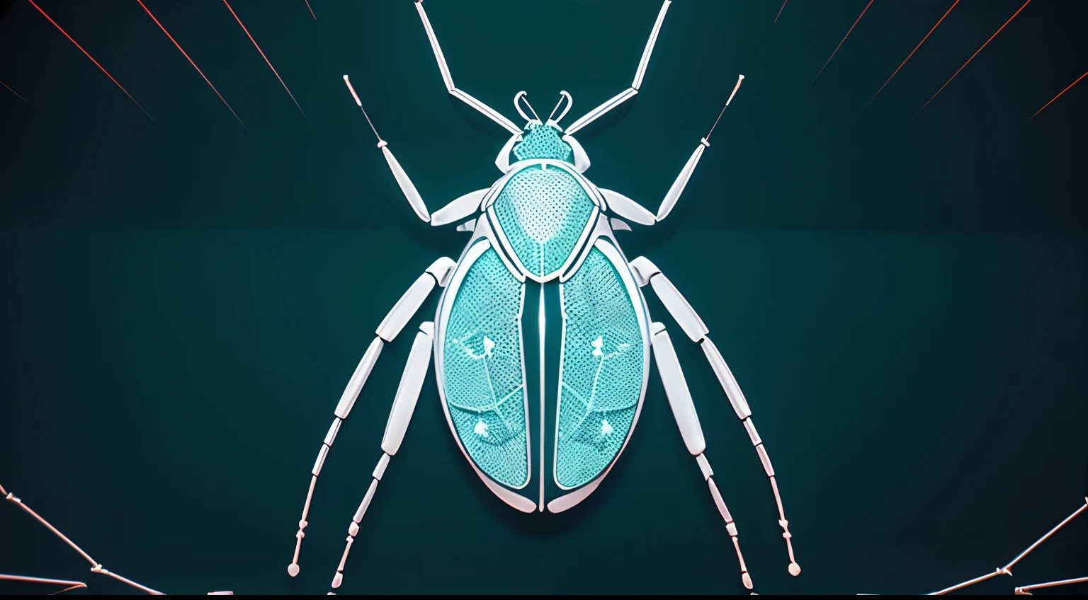Icon of a bug on blended in a background with fading C++ code. Some white highlights throughout the wireframed bug. Distinct high contrast linework and flat colour. Dominant colours are glowing white and teal. The C++ code is all over the image.