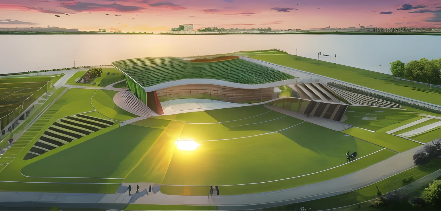 Nature, multi-purpose gymnasium, green achtectural style, sunset sky, in front of a lake, clear view, surrounded by many green tree,community space