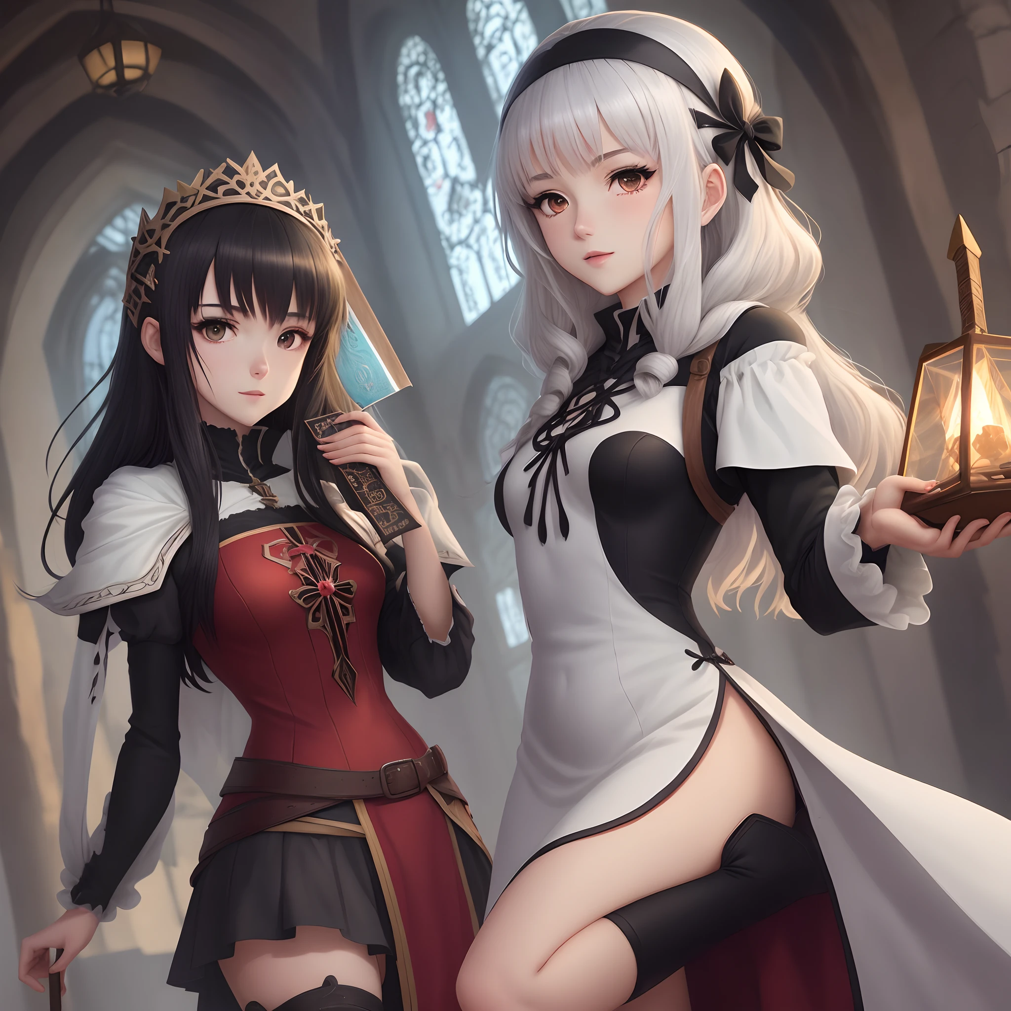 Imagine uma personagem de anime feminina com cabelos curto castanho, olhos azuis, um vestido medieval preto, With a grimoire in his hands, A black fan and a hair accessory that looks like a thin dagger