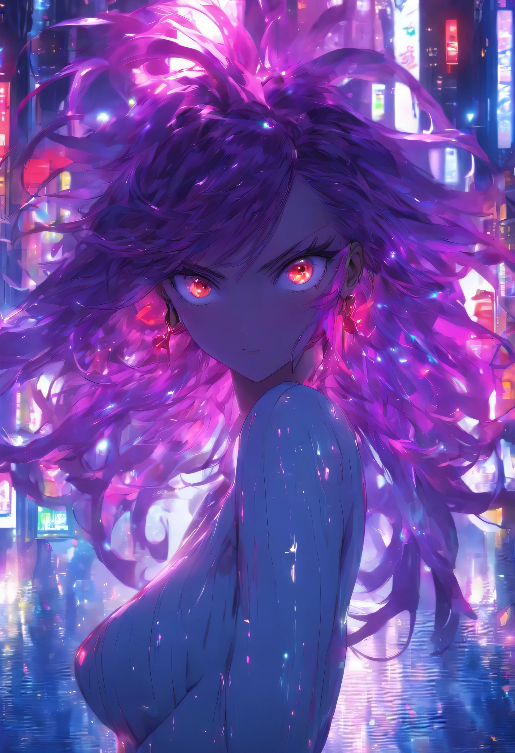 (Best Quality: 0.8), (Best Quality: 0.8), perfect anime illustration, Close up portrait of beautiful woman walking around town、very long purple hair、huge-breasted、Red eyes with a blush (((NSFW))) transparent white dress neon night city ultra details ultra details face bright eyes galaxy eye absurdity 4k full hd top pixiv super well made red eye download file huge areola erect (Love Juice 1;4) absurderes