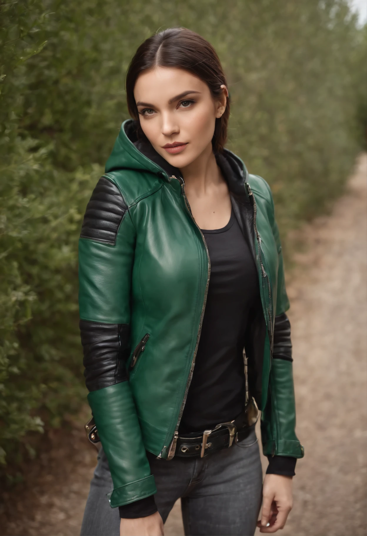 green leather jacket with black sleeves, body hugging back, bikers jacket, green back side, black hood, zipper on the sleeves, black belt in the waist