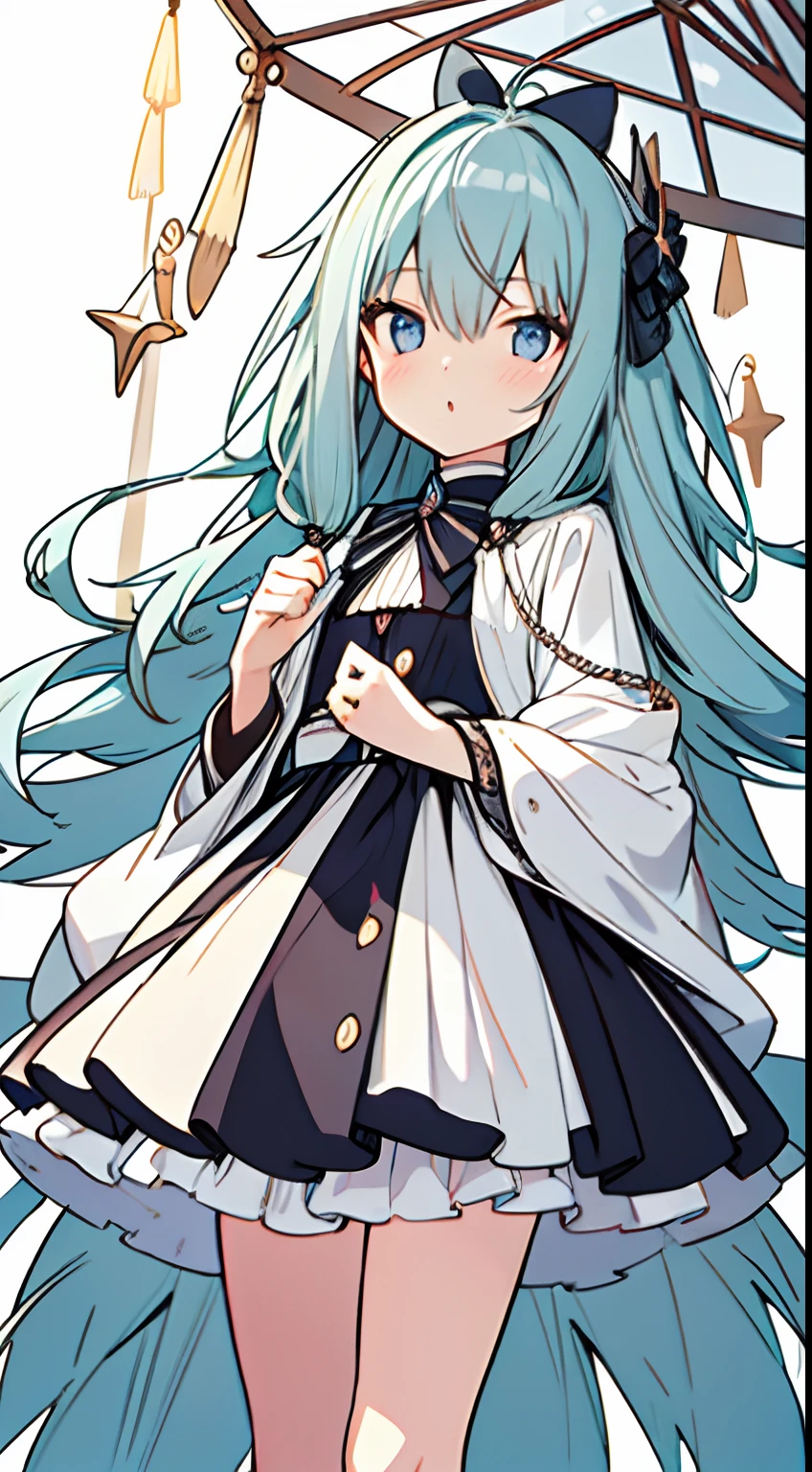 masuter piece, Best Quality,32K、Wallpaper, ultra -detail, Absurd beauty, 1Beautifulwoman、Big eyes with sparkly、Hair fluttering in the wind、:O、slender long legs、Smaller head、miscievous smile、Angle looking up from below:1.3、Angle from which you can see the whole body