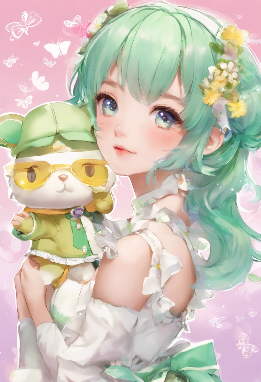 Long waist-length with grayish-green side hair tied、With purple lethargic eyes。 
The costumes in the unit are based on pastel green and yellow.。 
Sleeveless ruffled skirt dress、Wear these boots that are knee-deep、Butterflies on the head々Wearing a headband with decorations of。