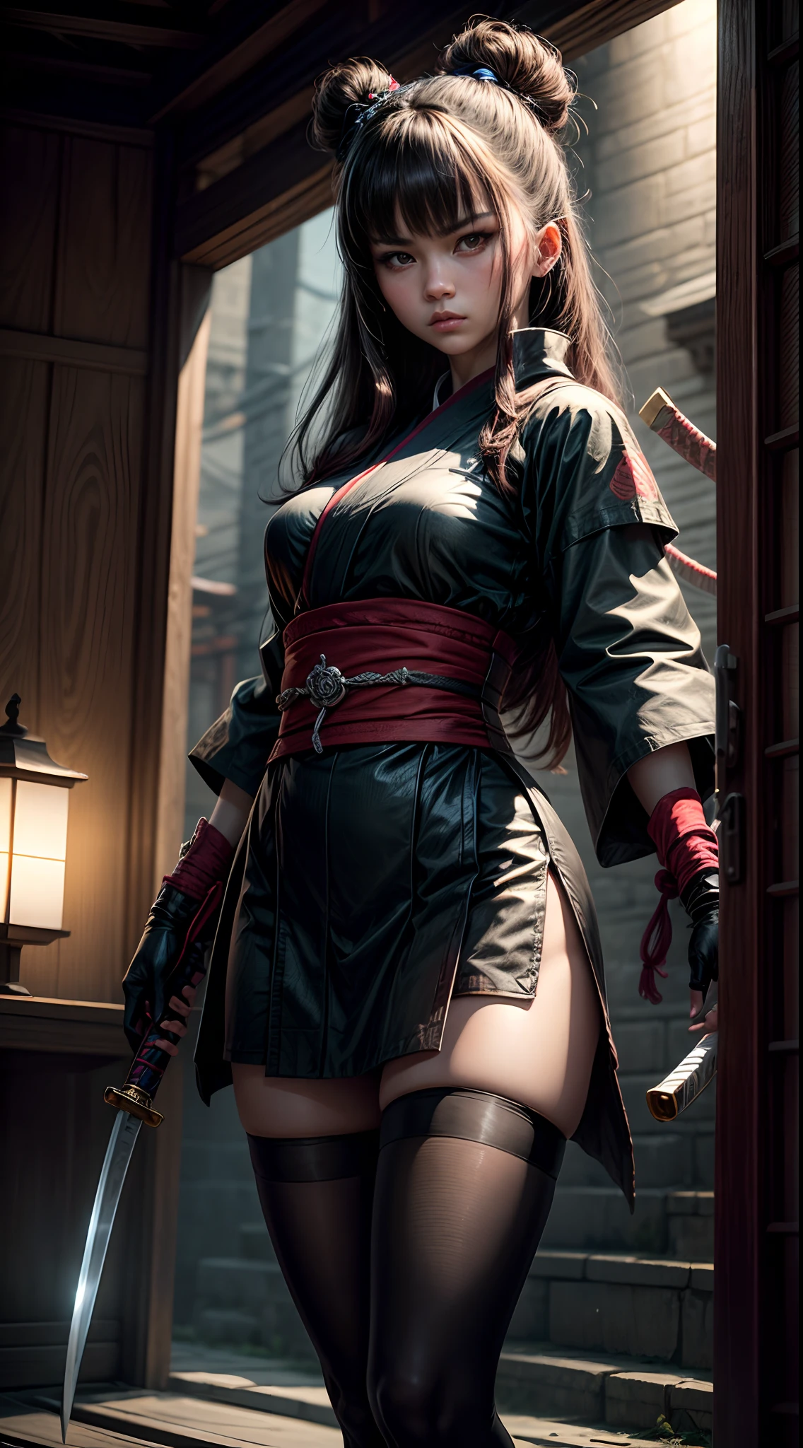 Beautiful Japanese woman from the front, Asian Cyberpunk Coolie Hat Black with red ribbon, highly detailed image, full body, Samurai sword. By leandrojsj