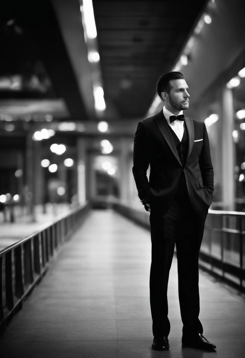 Portrait of a man in a business suit, elegant and charismatic, with a stage background, DSLR, monochrome, s1000, c3, 24 age