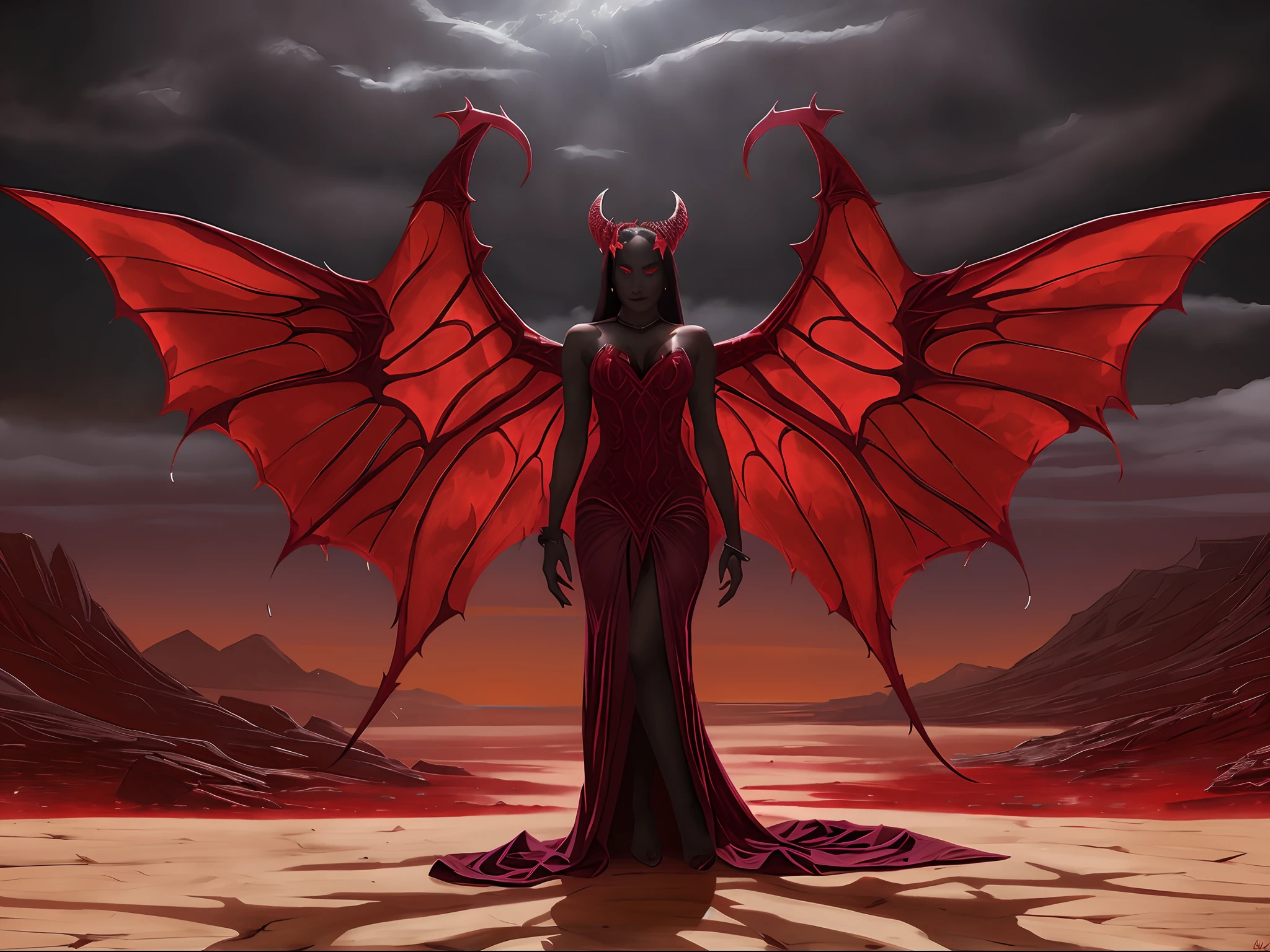 imagem arfed de uma mulher em um vestido vermelho com chifres e asas, Beautiful elegant demon queen, demoness, Succubus bonito | | |, succubus, dragon queen, succubus | medieval, com asas infernais do diabo, Vilania tem asas de anjo negro, Rainha do Inferno, Rainha das Trevas, demon wings, Lilith, demon woman, raven winged female vampire