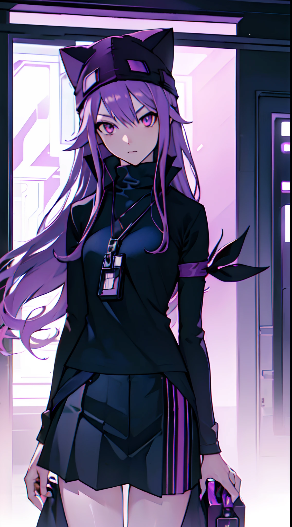 (best quality,4k,highres,masterpiece:1.2),ultra-detailed,cool tall lady with long purple hair, leaning against wall, cat ear beanie,beautiful detailed eyes, anime style, nighttime,neon lights, digital plaza dark data background, ,glowing holograms,confident expression, black skirt