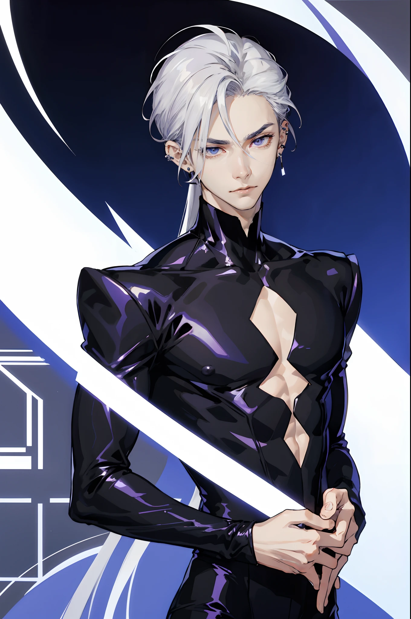 masterpiece, best quality, 1 male, adult, tall, androgenous, delicate, silver hair, silver tousled hair, hair reaches to chin, chin-length hair, while latex turtleneck shirt, cool androgenous boy, calm expression, cool expression, cool purple left eye, cobalt blue right eye. thin eyebrows, beautiful facial features, detailed face, slim body, slender body, detailed hair, ear piercings, popular boy