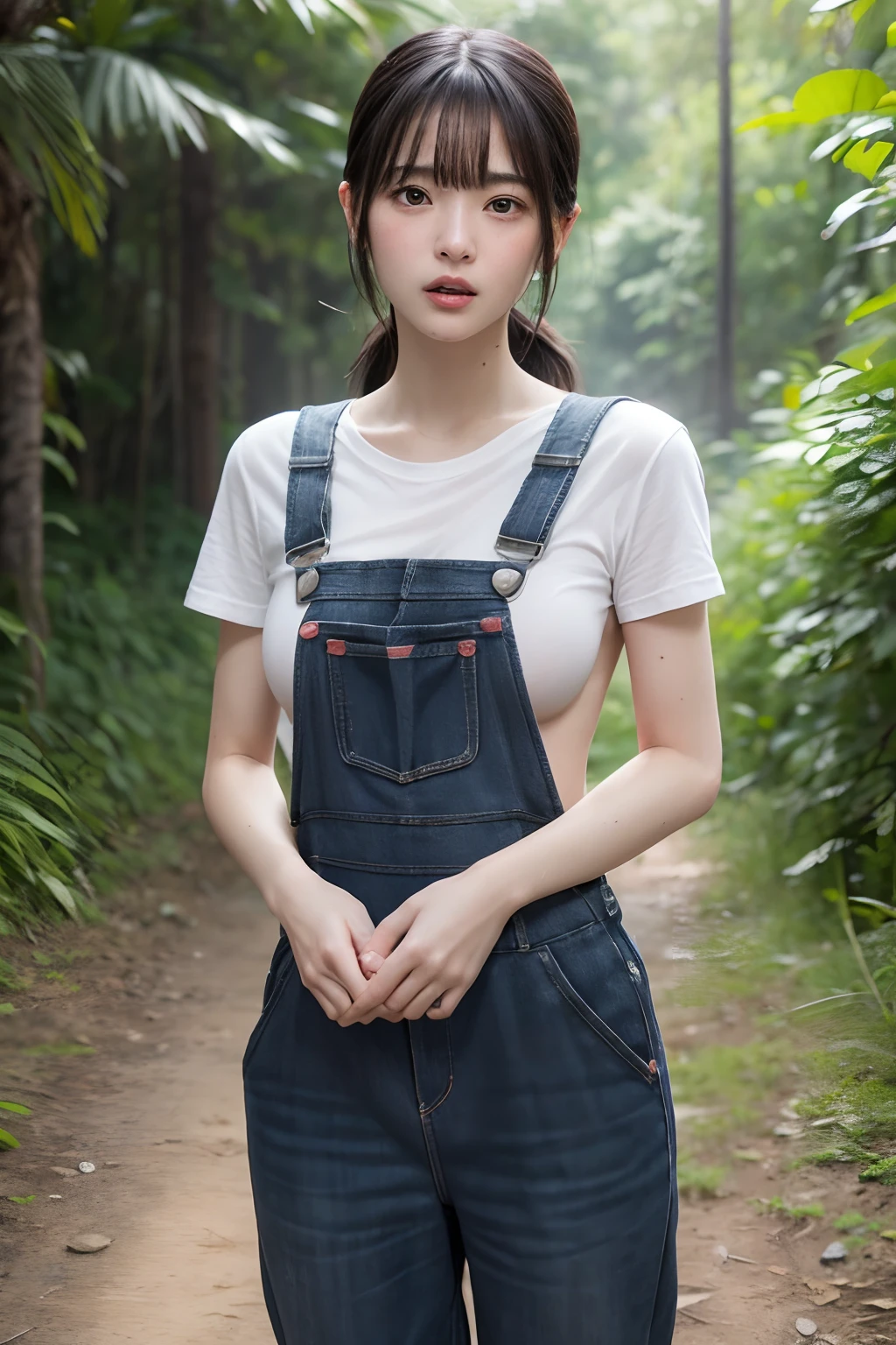 (8K, RAW Photos, Highest Quality, masutepiece: 1.7), (Realistic, Photorealistic: 1.9), NSFW, Black hair, (Blushing), Sweaty face, campsite, Full body, whole body, (naked overalls), (Small breasts), (Standing), Open mouth slightly, walking, ((hide nipples))