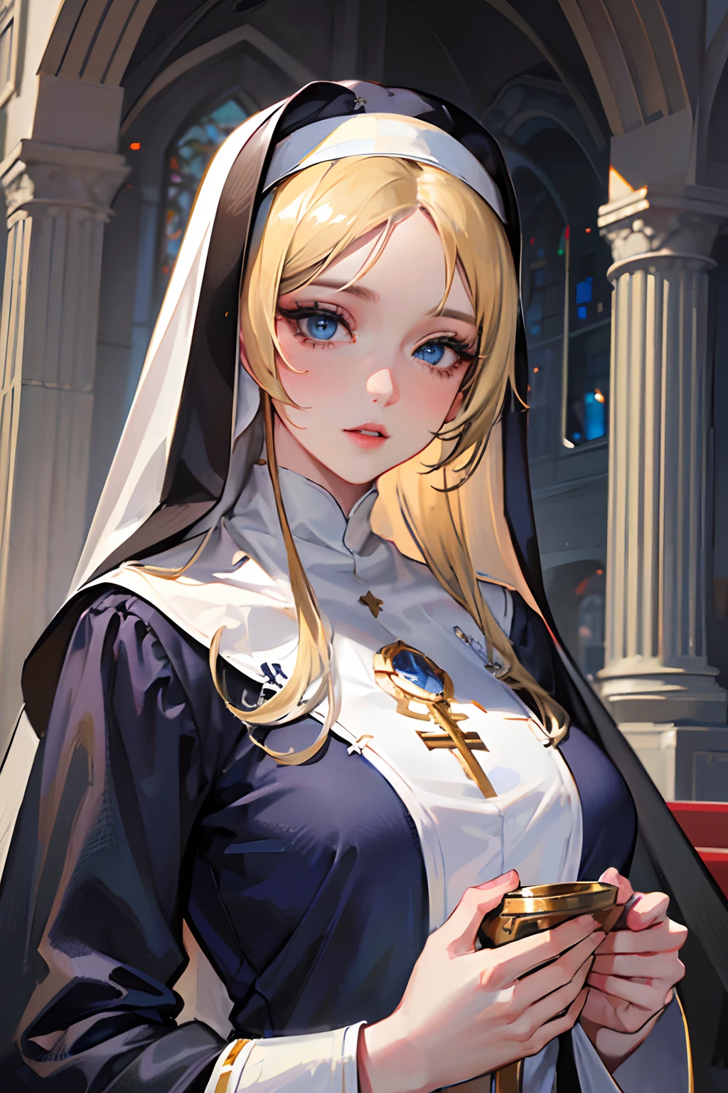 (best quality,4k,8k,highres,masterpiece:1.2),ultra-detailed,realistic,beautiful detailed blue eyes,beautiful detailed lips,extremely detailed face,long hair,1girl,beautiful blonde girl,wearing a nun's outfit,cute,attractive,church, retrato, detailed eyes