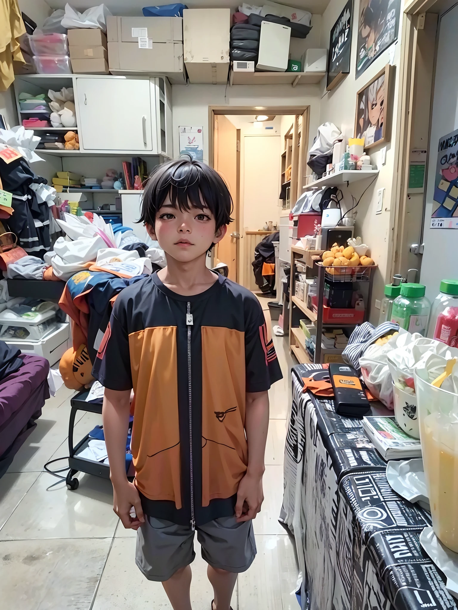 There's a boy standing in a room with a lot of stuff, corpo inteiro com traje, Em um estilo de Halloween, usando roupas netrunner, he is wearing a black t-shirt, vestindo roupas de homem das cavernas, imagem de qualidade muito baixa, como um personagem de anime, vestindo uma camiseta laranja, Luffy vestido como Naruto, vestindo uma camiseta laranja