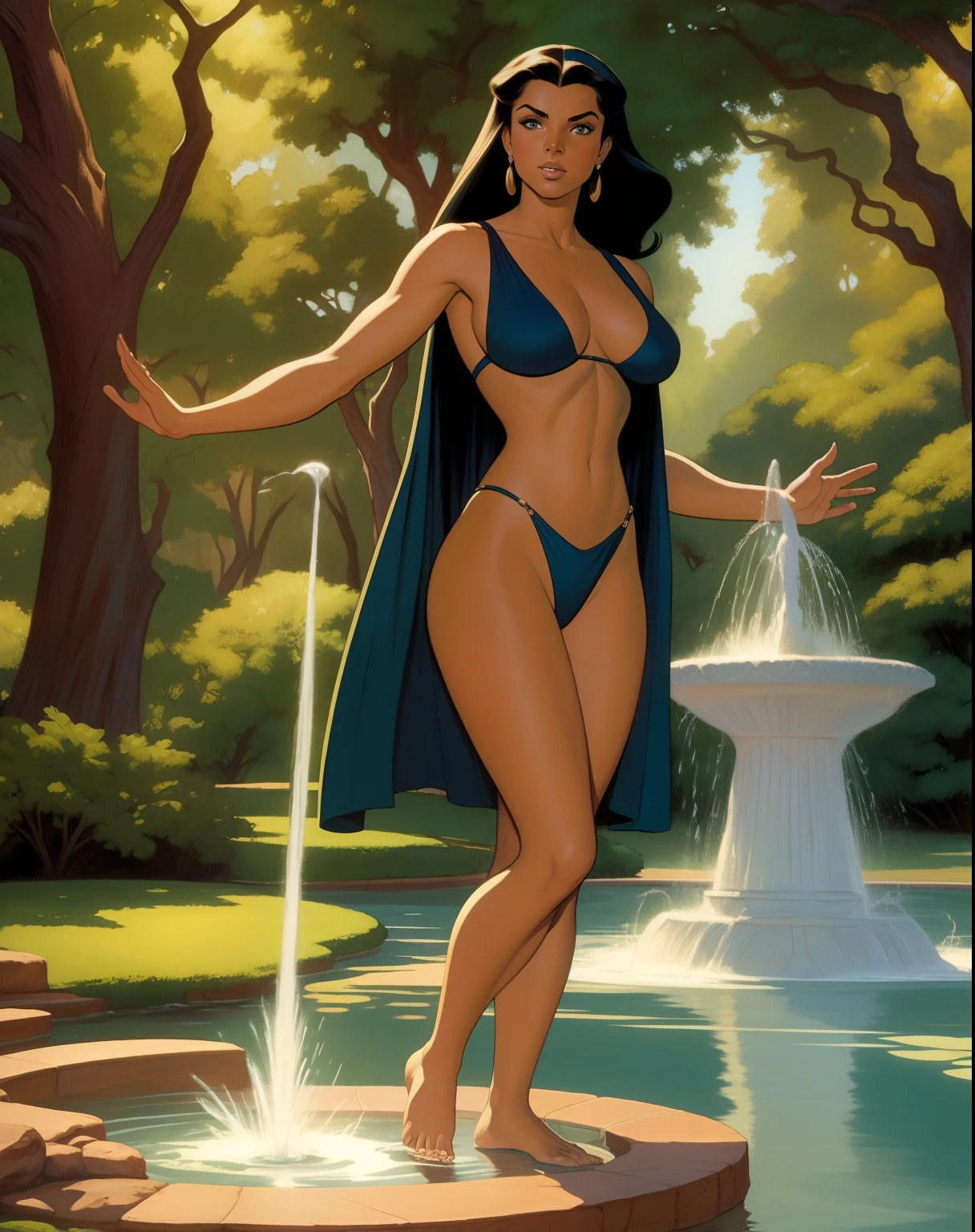 Arte inspirada no estilo de John Buscema,1mulher de longos cabelos negros, olhos verdes, middlebreasts, cintura delgada, usando moletom feminino vermelho,sexy,Rather sensual standing next to a water fountain in a park.cena detalhada, arte perfeita, art direction John Buscema