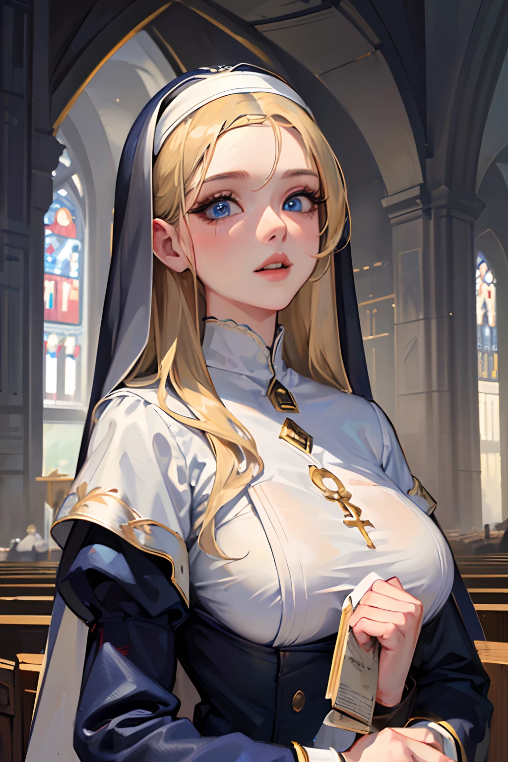 (masterpiece, best quality, super detail, illustration, 1girl) Nun, long blonde hair, visible forehead, fringes hidden behind her ear, blue eyes, praying hands, sun vanishing the environment with comfortable lighting, innocent and flawless face, medium breasts, cross necklace around her neck, Christianity, Church in the background