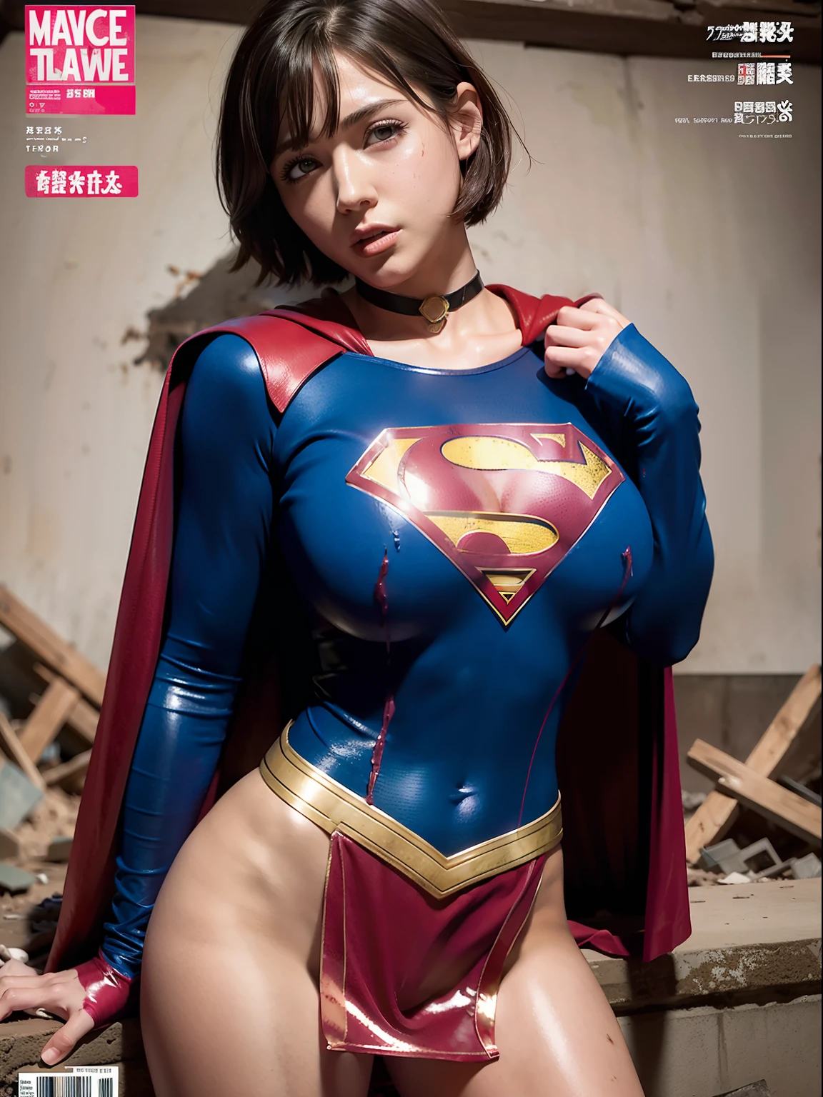 masterpiece、Short-haired Supergirl sleeping in the rubble、large full breasts、a choker、Looking at the camera、Glossy costume、Crotch、wounded、Mud stains、Covered with jelly、Exhausted、Weekly magazine cover、cum on、Trance、enjoyment、Pleasure、Fayue、a miniskirt、masturbation