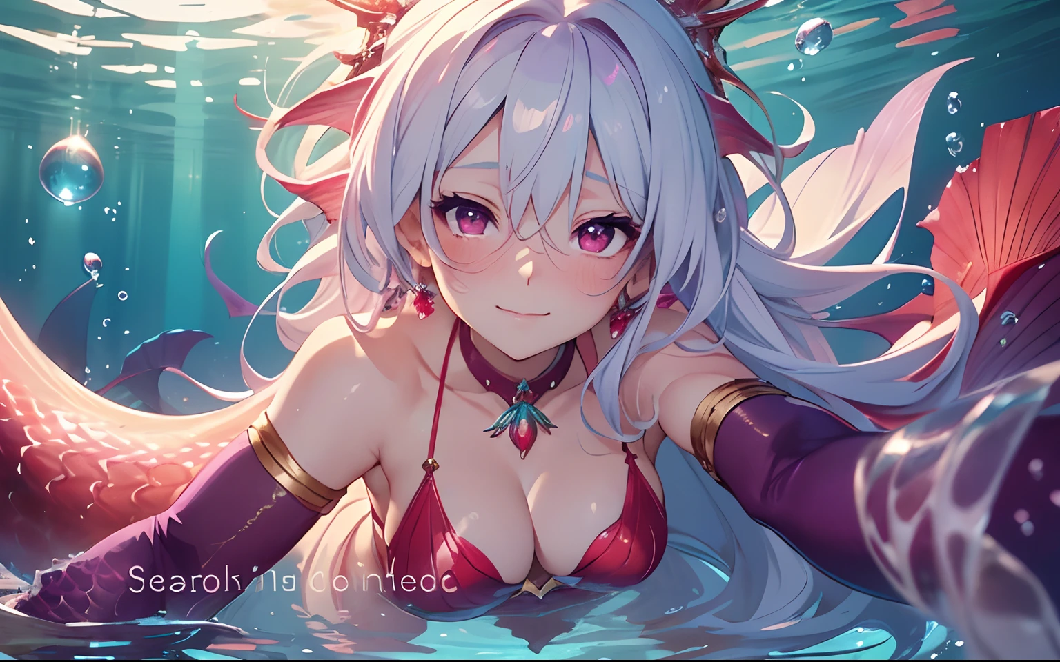 ((Masterpiece, Highest quality)), Detailed face, , full bodyesbian, Full of details, Multiple poses and expressions, Highly detailed, Depth, Many parts,Beautiful mermaid girl,Human fishtail,estilo fantasia,Extremely beautiful,High Balance, Natural light, Water ripples around, white hair, fish features, red eyes, gills, scales, sea shell hair ornament, red jewellery, deep blush, giggling, , sweating, heart in eyes, ((purple tinted skin)), blush, highlights, glossy lips, grabbing screen, ((arms out towards viewer)), kissing, serene expression, happy, ((mermaid tail)), 4k, high quality, (((long hair)))